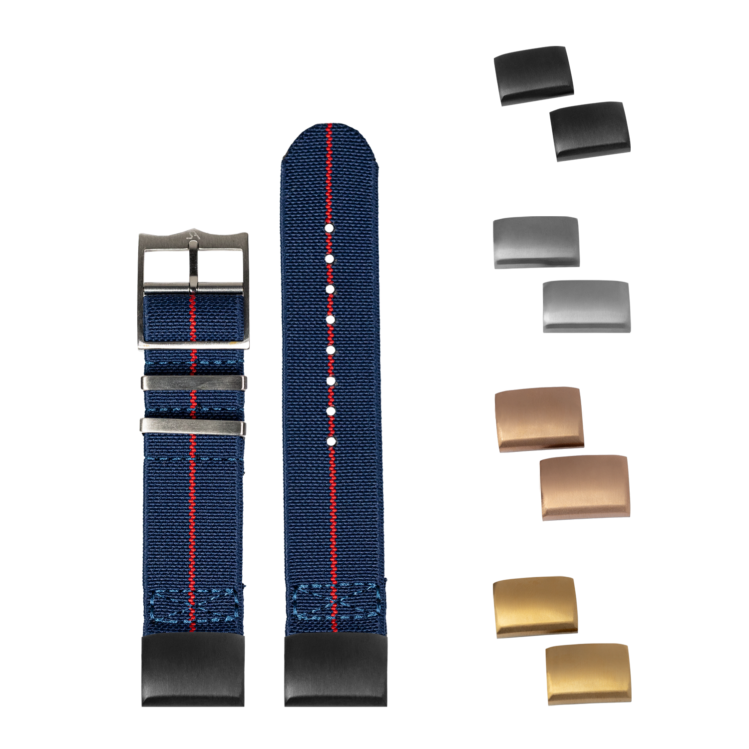 Navy blue elastic watch strap with red center line and interchangeable metal buckles in gunmetal, silver, rose gold, and gold finishes