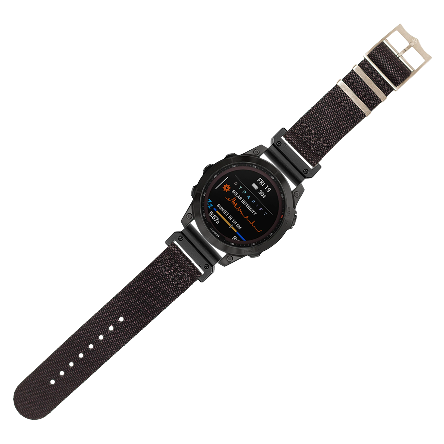 Tactical digital smartwatch with black face, orange text display, and Quick Fit black canvas military-style 26mm watch band with metal buckle