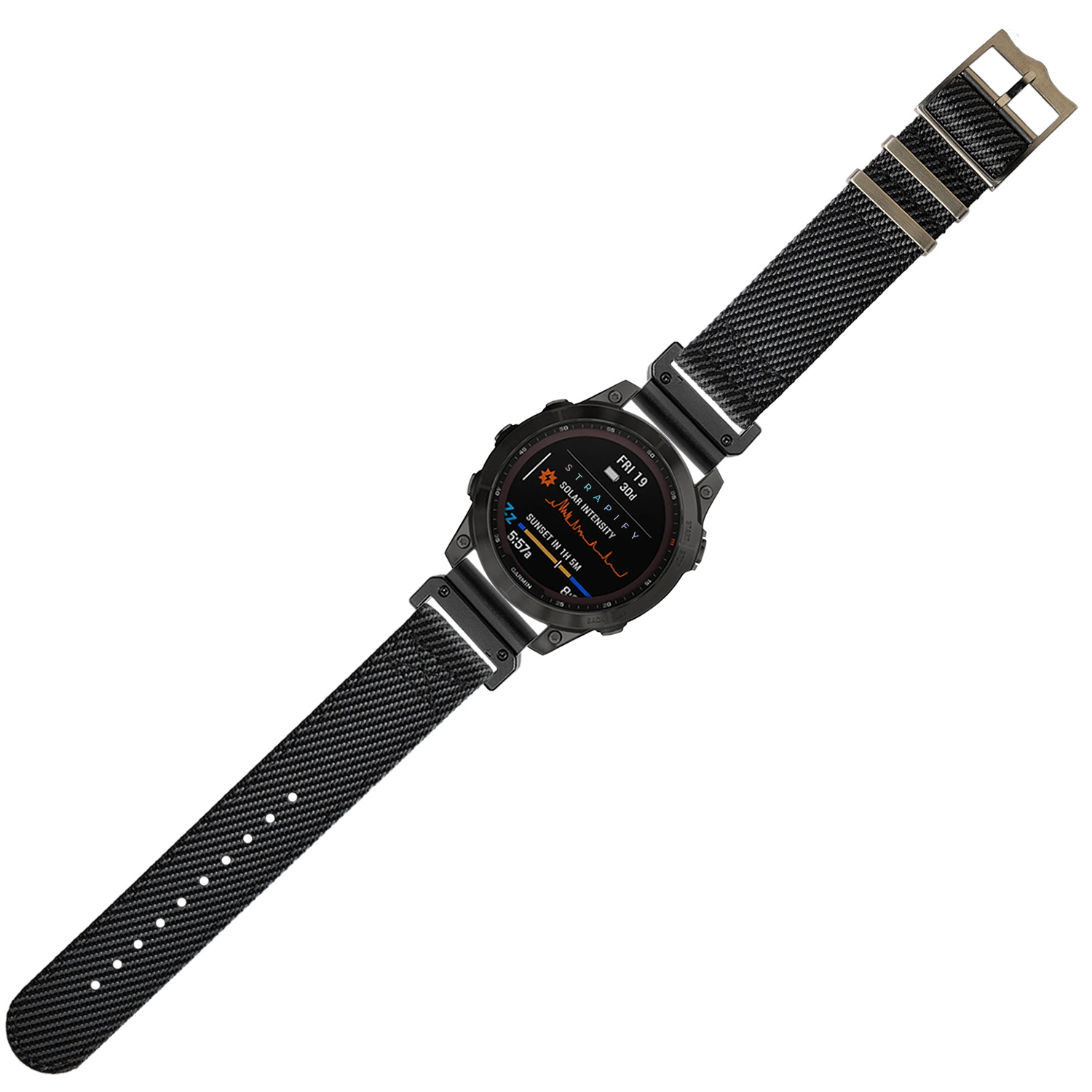 Black tactical smartwatch with AMOLED display, dark grey nylon canvas strap, metal hardware, fitness tracking features