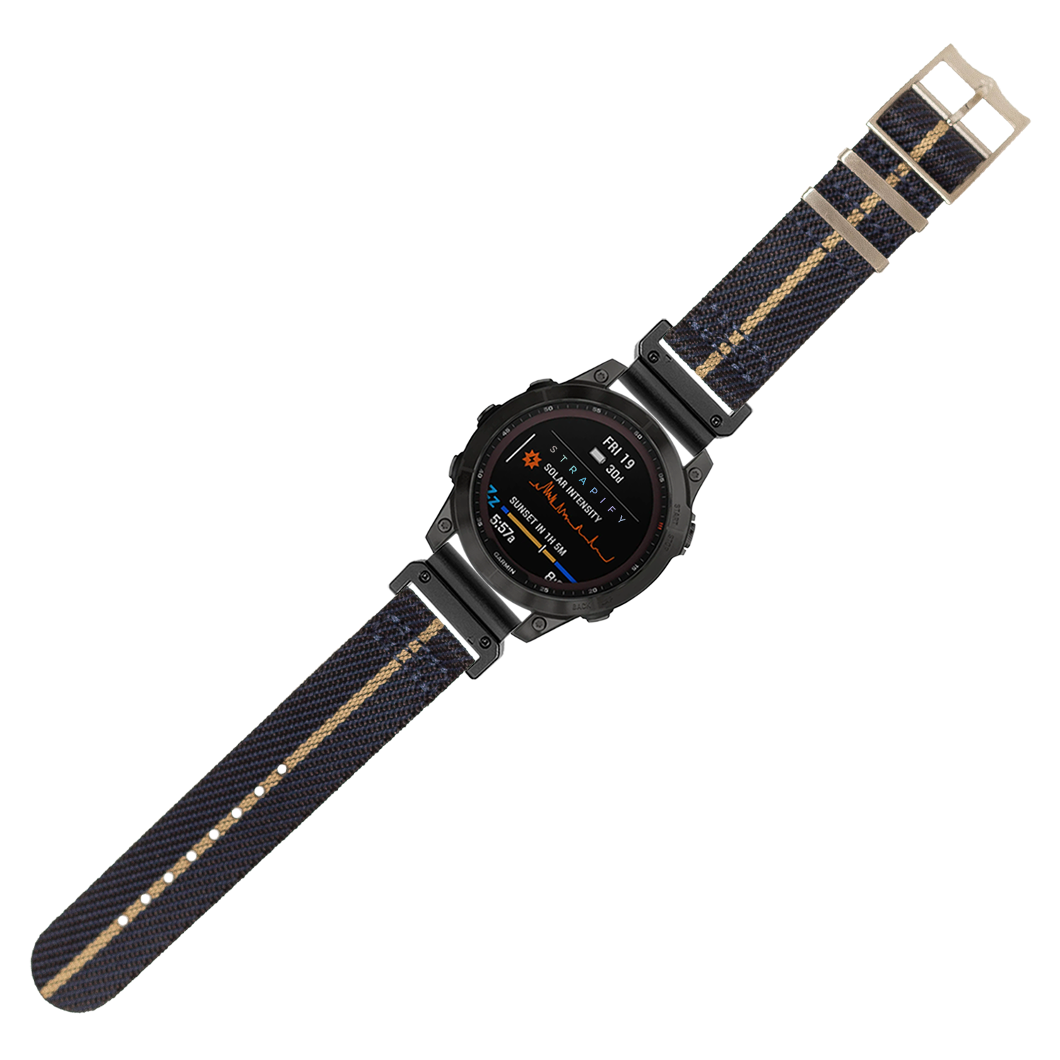 QuickFit Cross Militex smartwatch with night blue and wheat 26mm fabric strap and black digital display