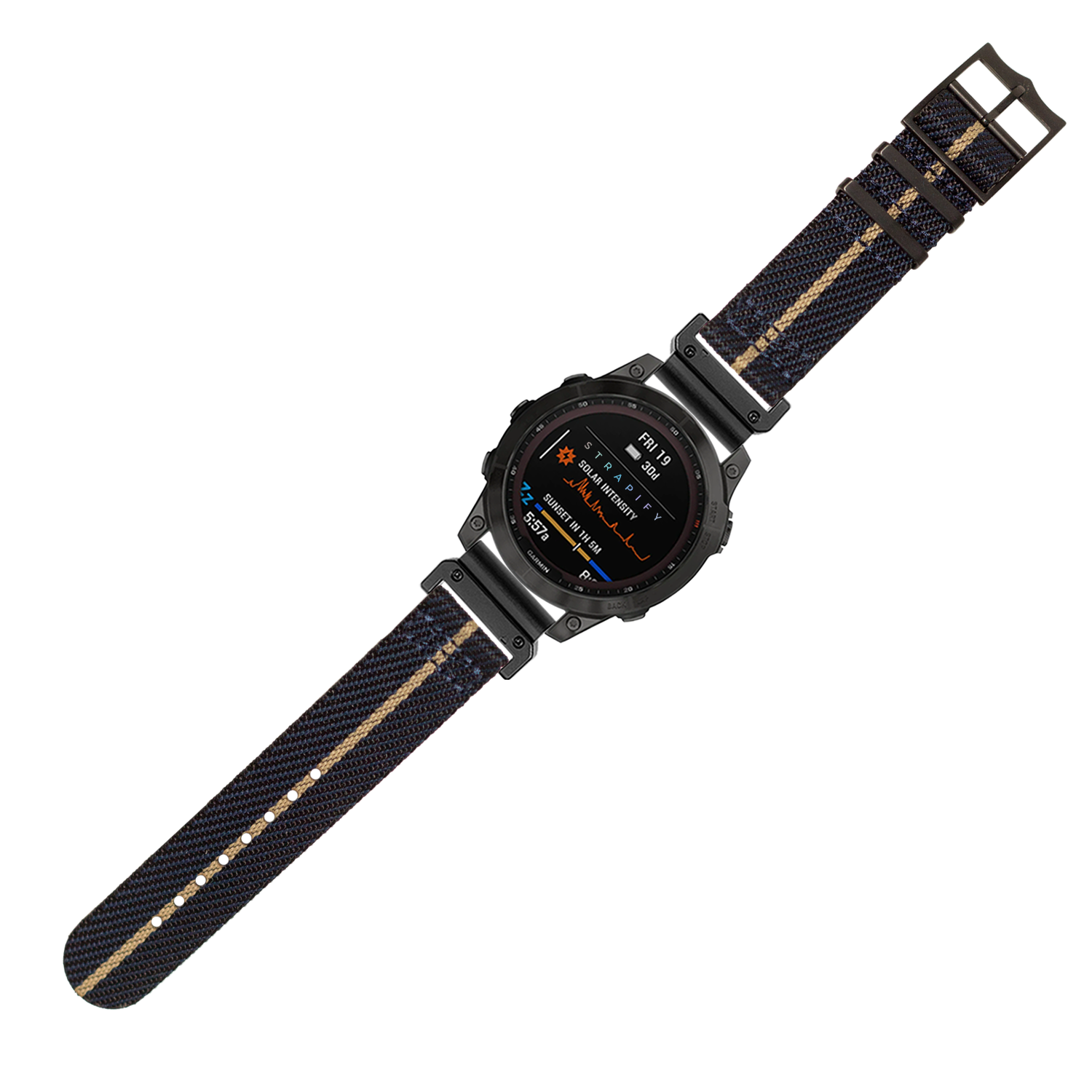 Black digital smartwatch with dark blue and tan fabric strap, displaying fitness metrics on AMOLED screen with orange and blue accent graphics