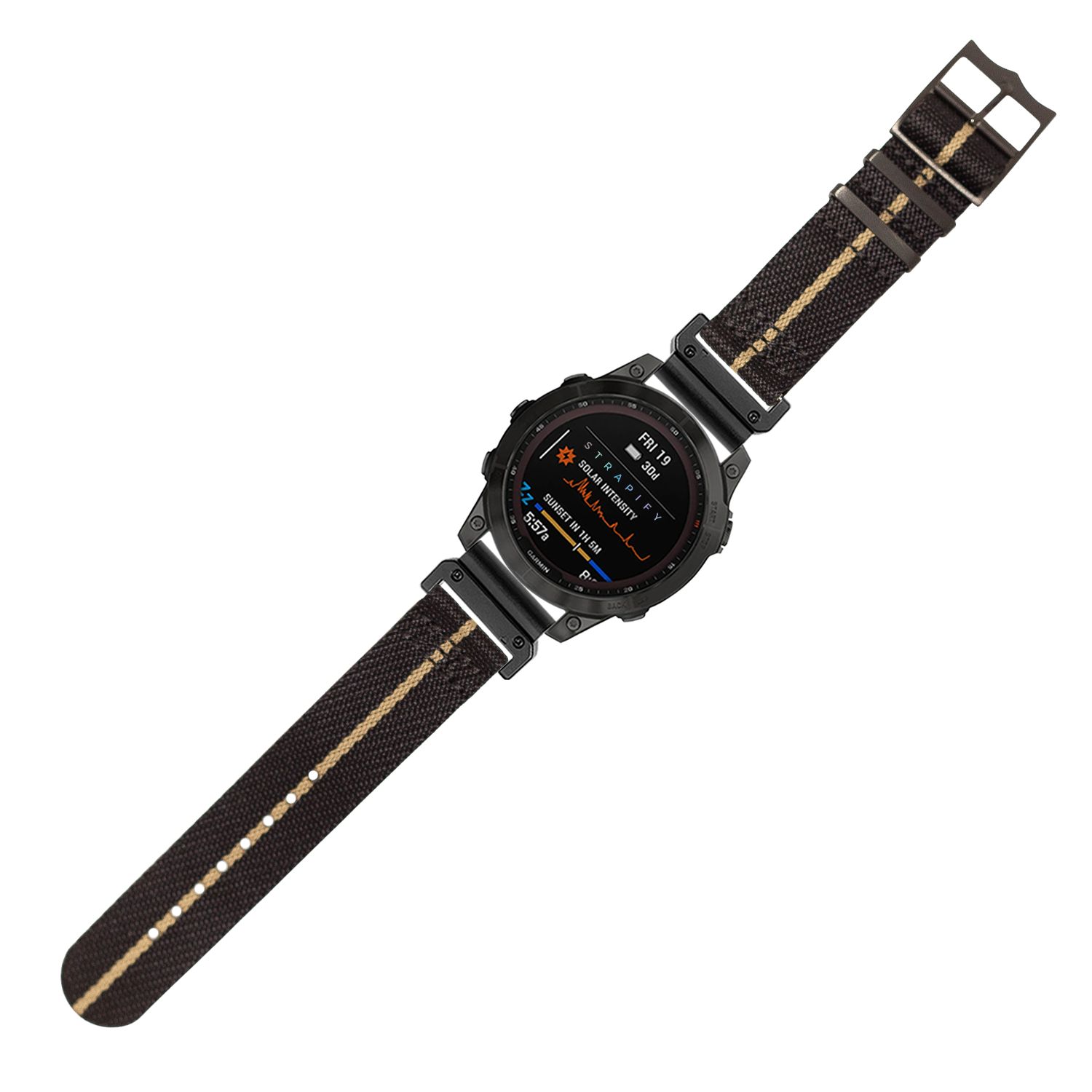 Stealth Black Militex tactical smartwatch with wheat stripe nylon strap and black hardware, 22mm QuickFit band