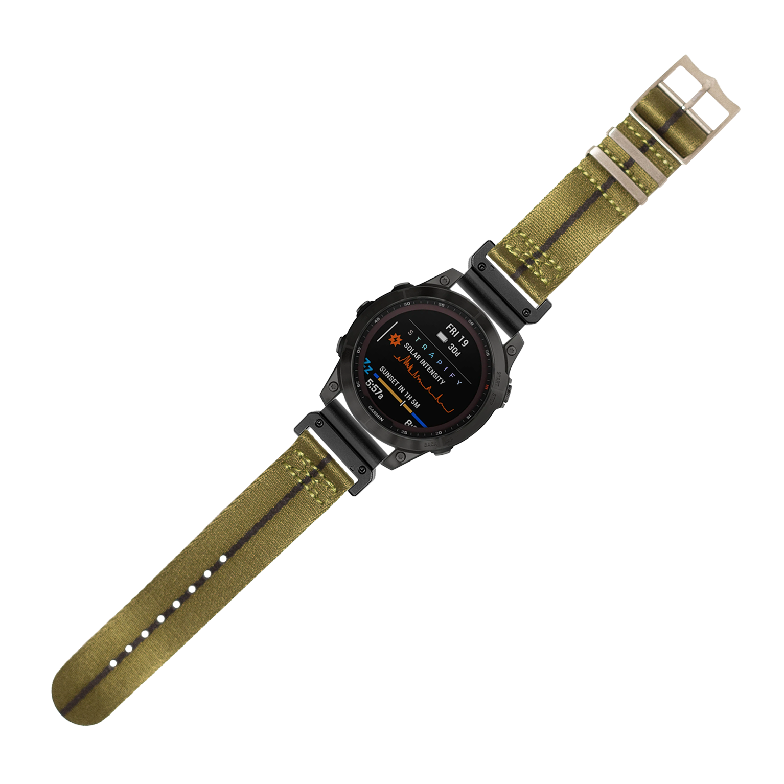 Tactical smartwatch with black digital display and olive green fabric band featuring quick-release system and military-style design