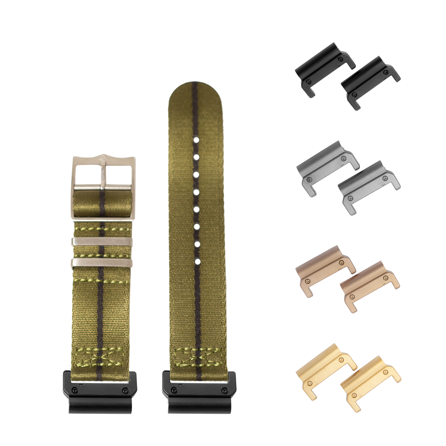 QuickFit Ultra Militex army green nylon watch band with black stripe and interchangeable metal lugs in multiple finishes