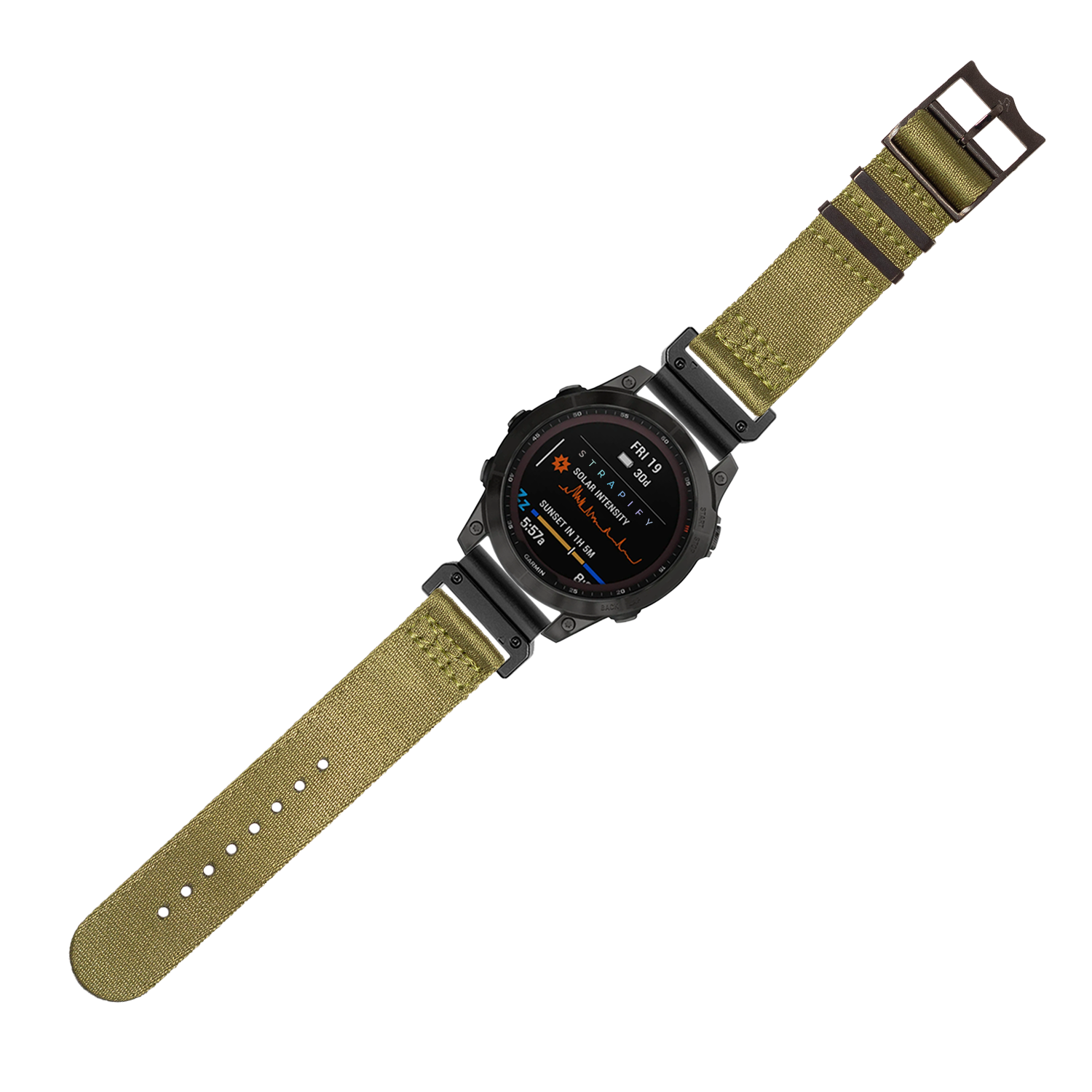 Tactical smartwatch with black digital display and olive green canvas QuickFit strap featuring black hardware and adjustable fit