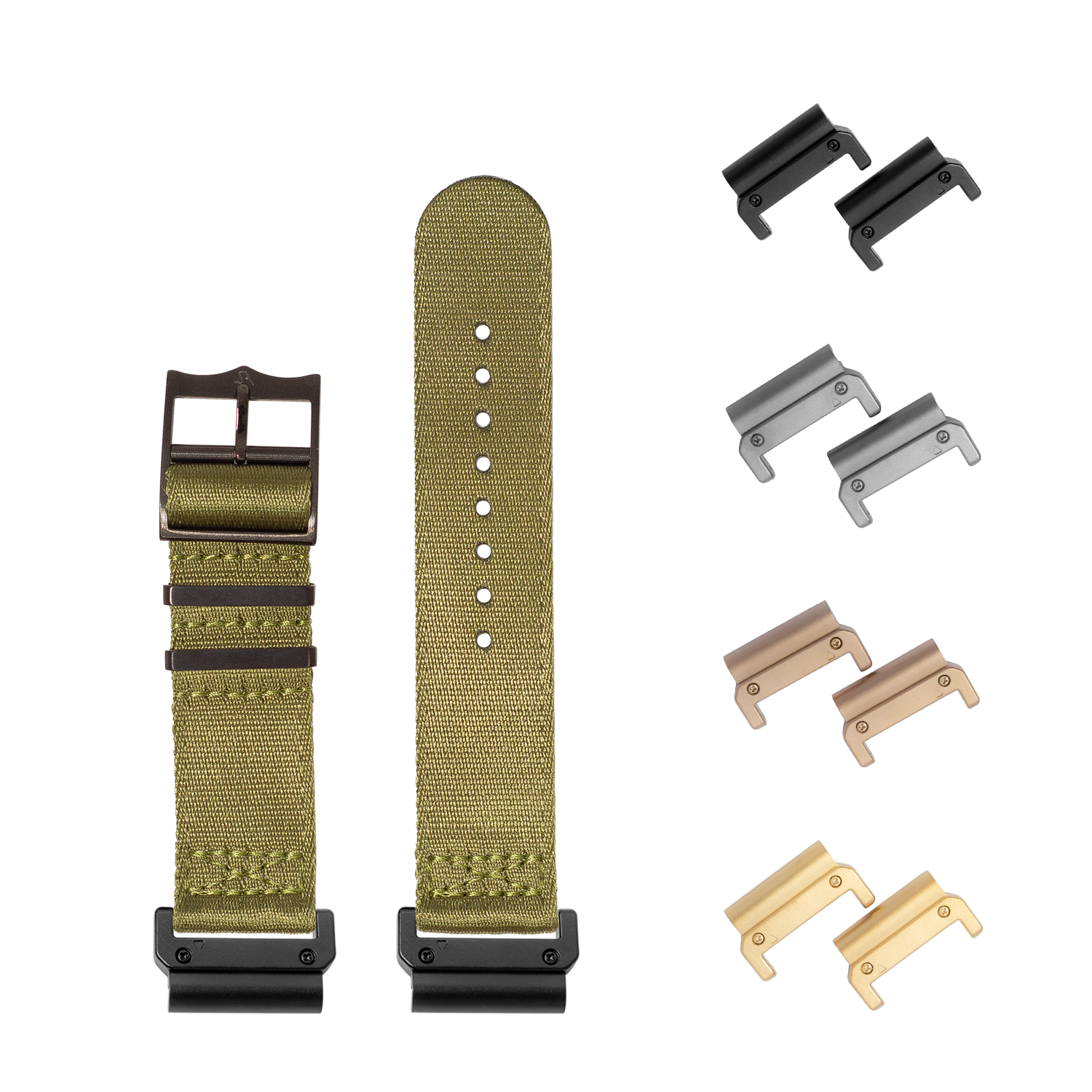 QuickFit Ultra Militex army green fabric watch band 26mm with black hardware buckle and interchangeable lugs in multiple finishes