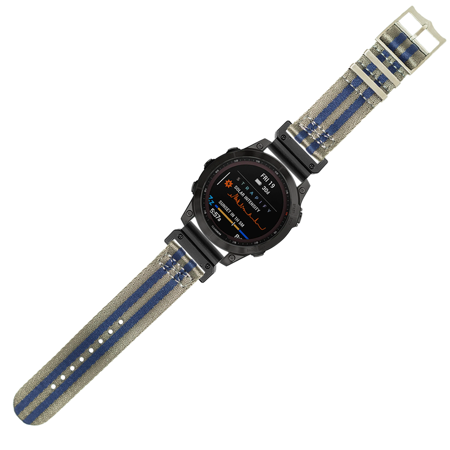 Black digital smartwatch with blue and gray striped fabric strap, colorful AMOLED display showing health metrics