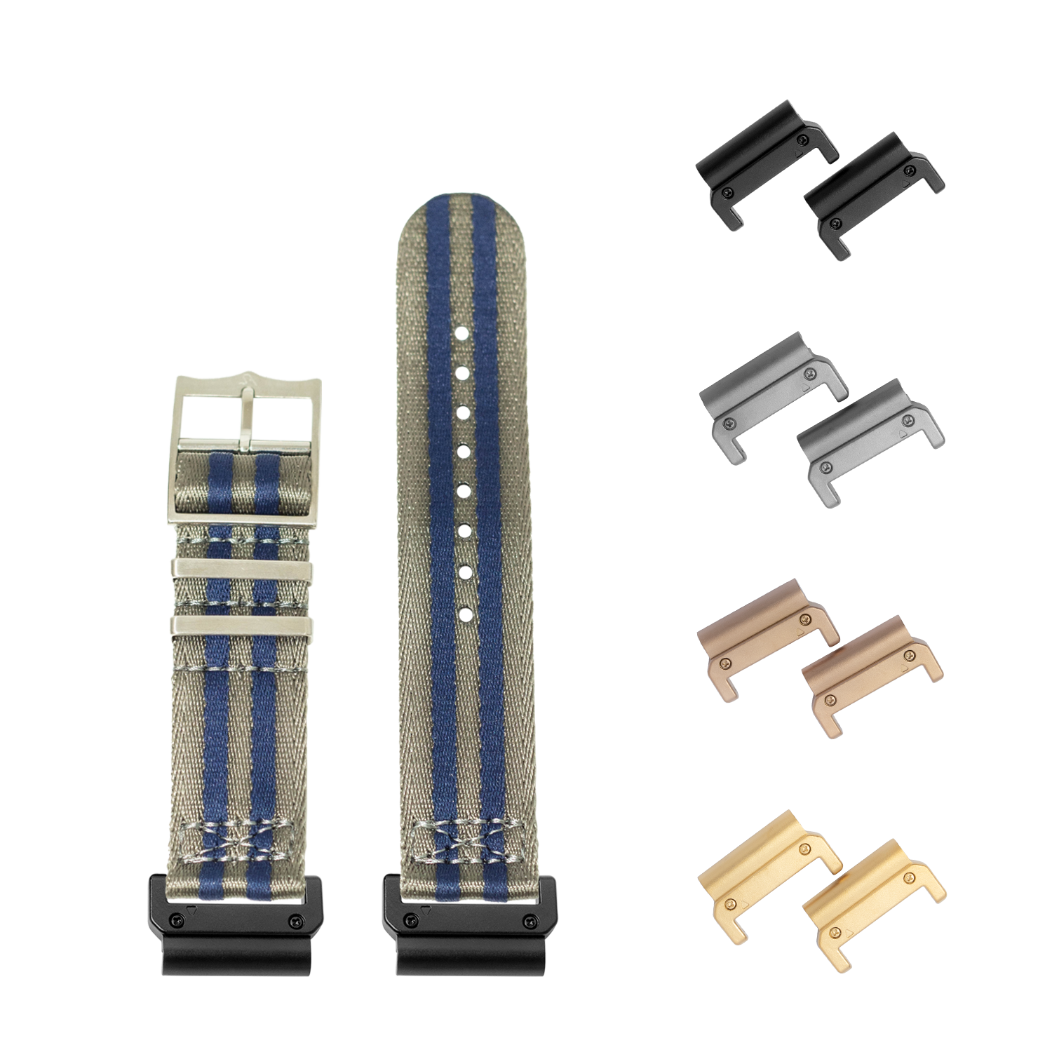 QuickFit Ultra Militex blue and tan striped fabric watch strap with interchangeable metal hardware in black, silver, rose gold and gold finishes