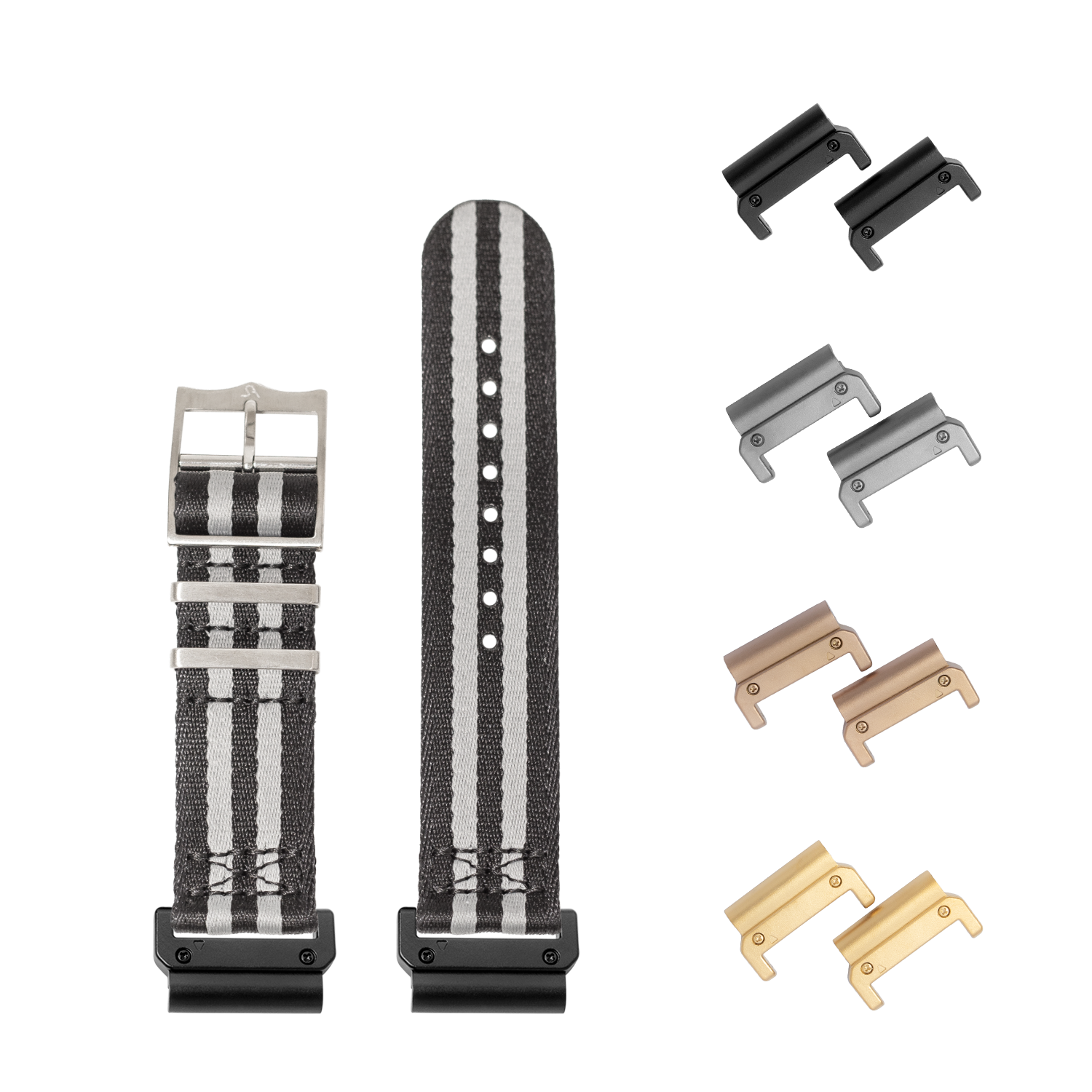 QuickFit Ultra Militex Bond black grey striped nylon watch band 26mm with interchangeable metal clasp connectors