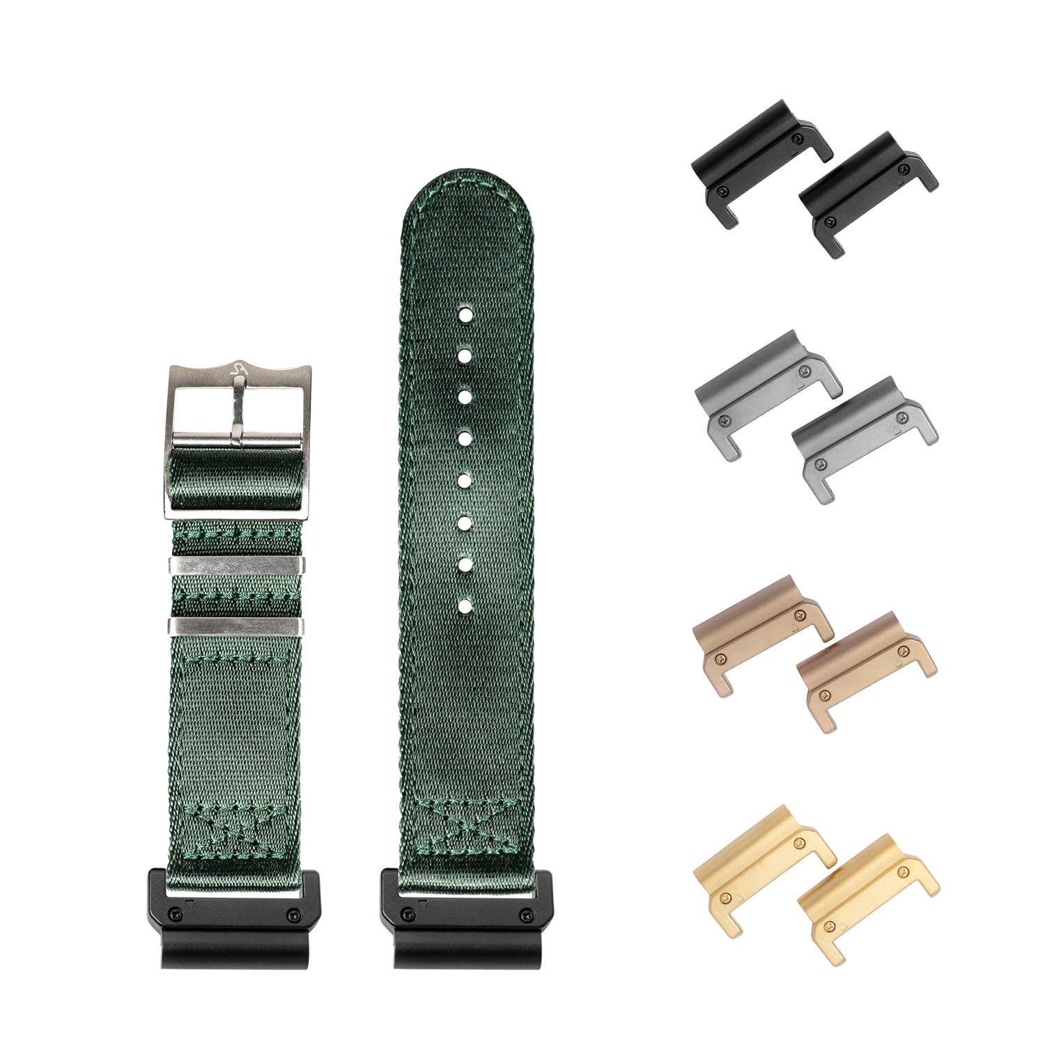 QuickFit Ultra Militex forest green 26mm watch band with silver buckle and interchangeable metal lugs in black, gunmetal, bronze and gold finishes