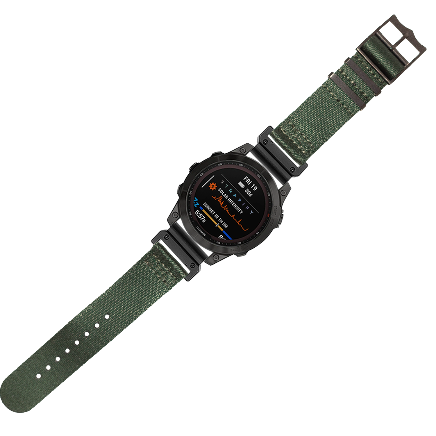 Tactical digital smartwatch with forest green nylon band, black hardware, and OLED display showing altitude and weather data