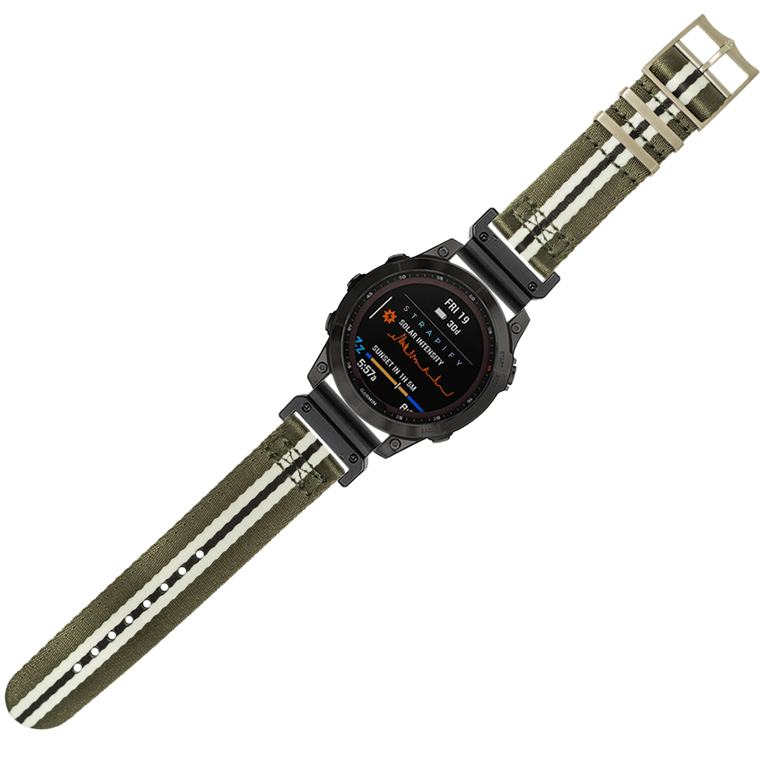 Tactical smartwatch with black digital display and olive green canvas strap with white stripes, QuickFit connector system