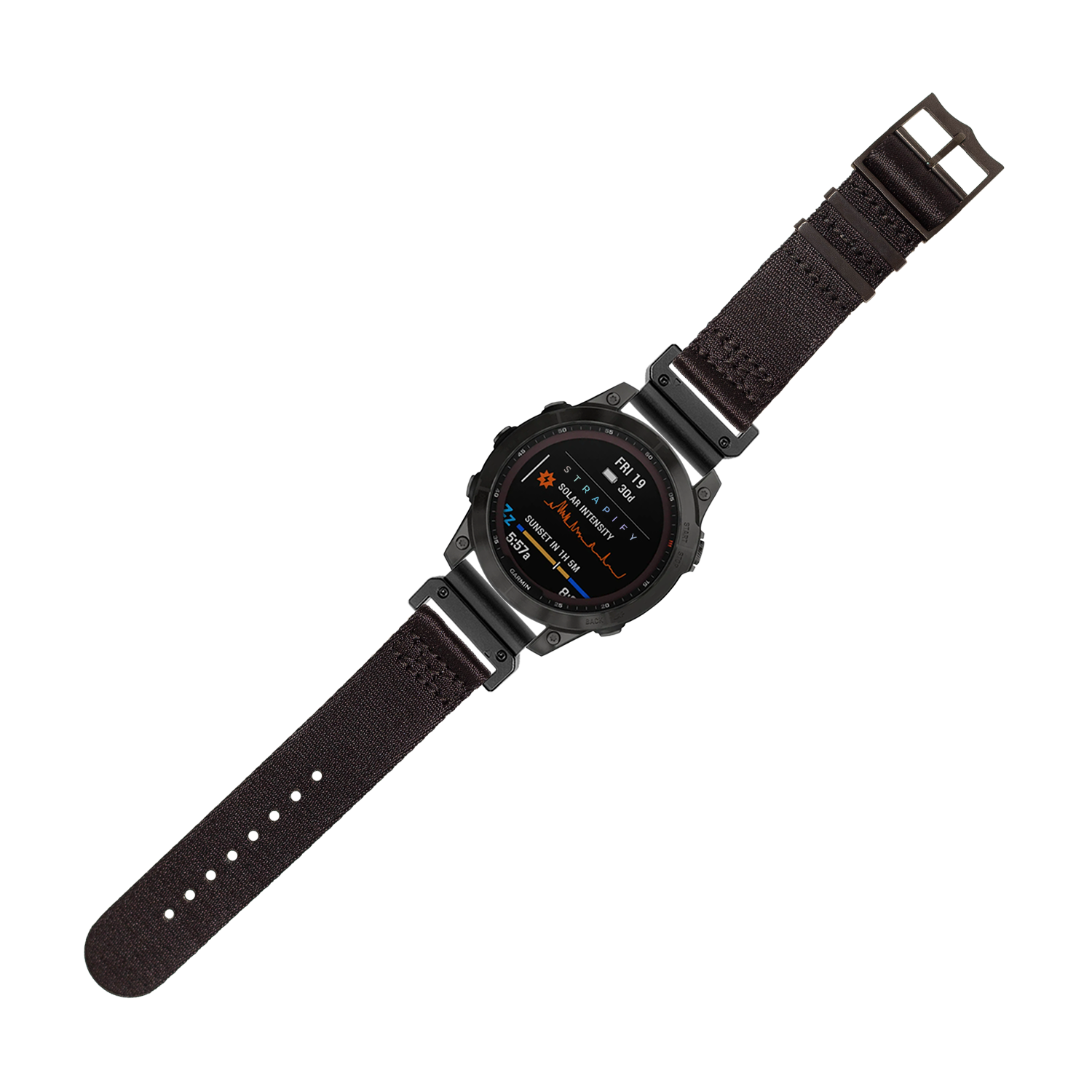 Black tactical smartwatch with AMOLED display, rugged case, and black fabric QuickFit strap with metal hardware