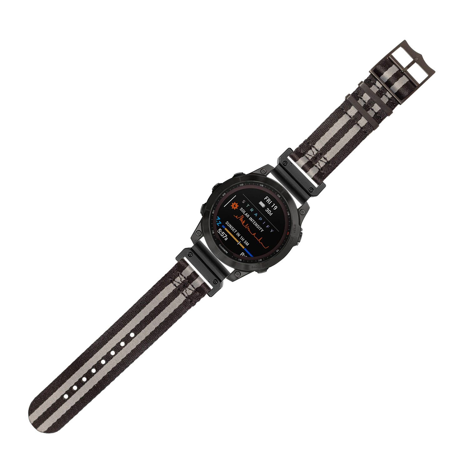 Black tactical smartwatch with AMOLED display and black/grey striped nylon QuickFit band with black hardware, 26mm