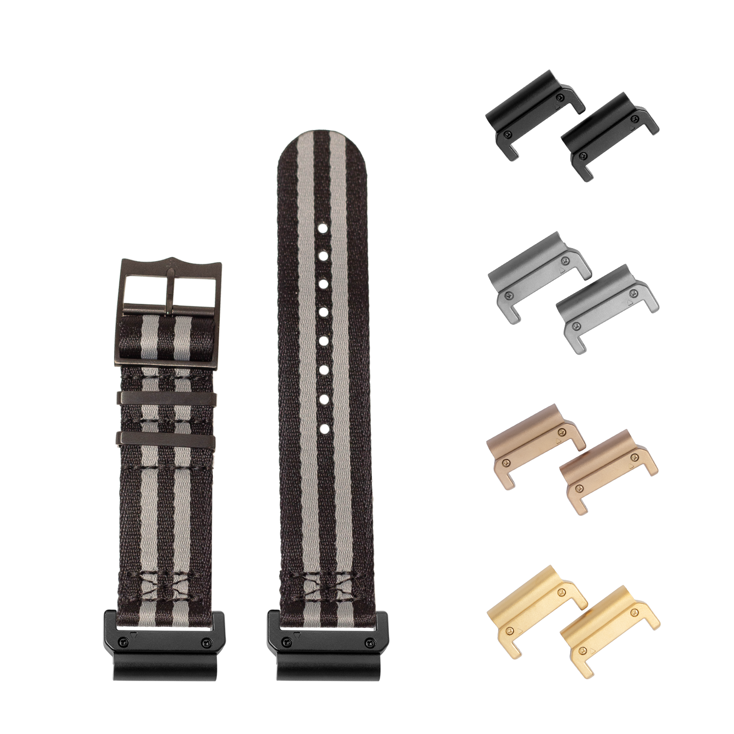 Striped fabric watch bands with interchangeable metal hardware in black, silver, bronze and gold finishes for 26mm quick-fit watch straps