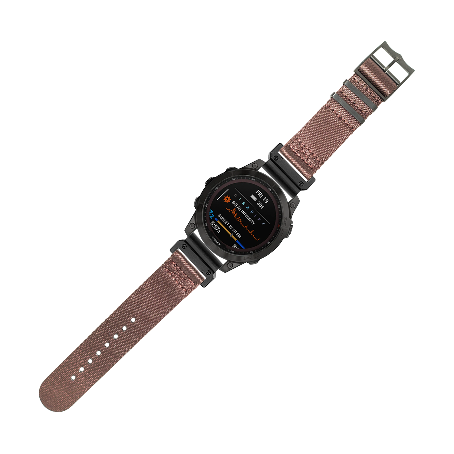 Black digital tactical smartwatch with brown fabric strap and military hardware, displaying fitness metrics and time on AMOLED screen