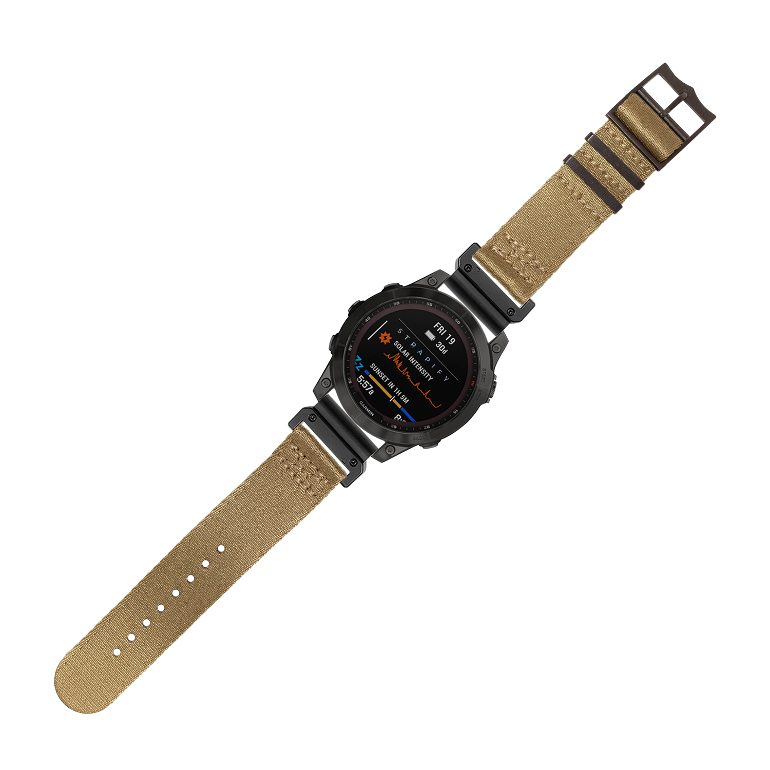 Military smartwatch with black case and desert sand fabric band featuring black hardware and digital display screen