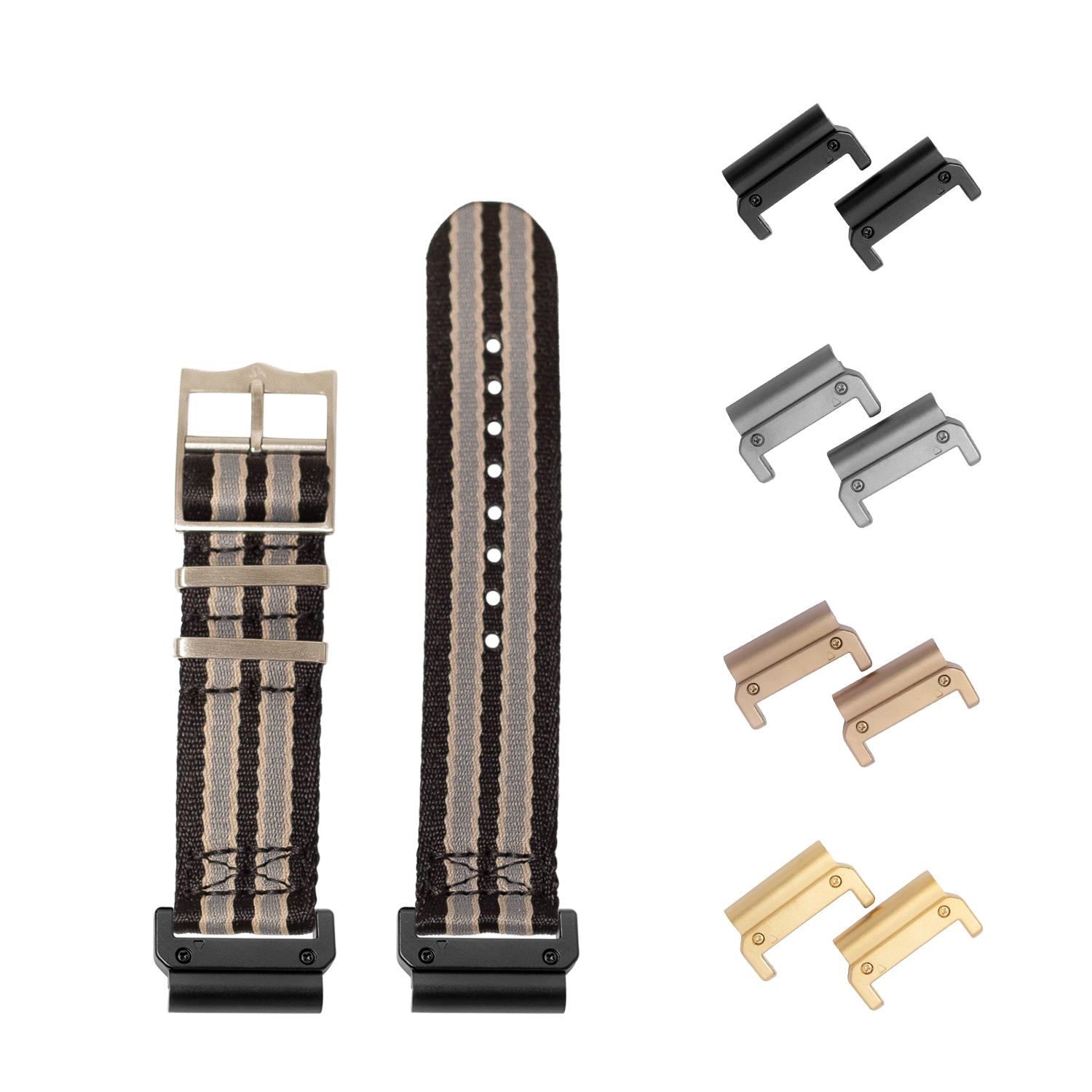 QuickFit Ultra Militex watch strap set with black beige grey nylon bands and interchangeable metal lugs in multiple finishes