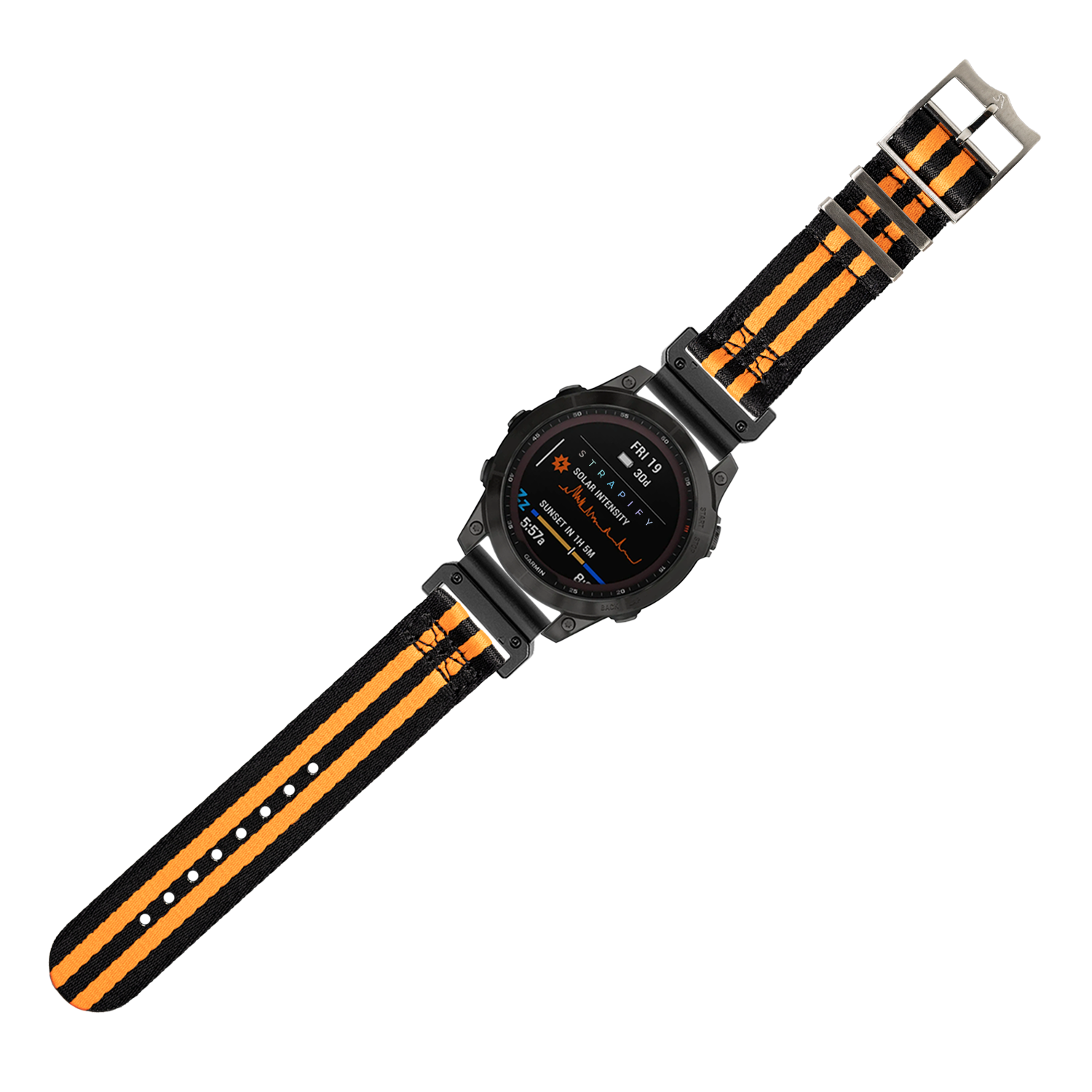 Black and orange striped QuickFit Ultra Militex smartwatch with 22mm textile band and digital display