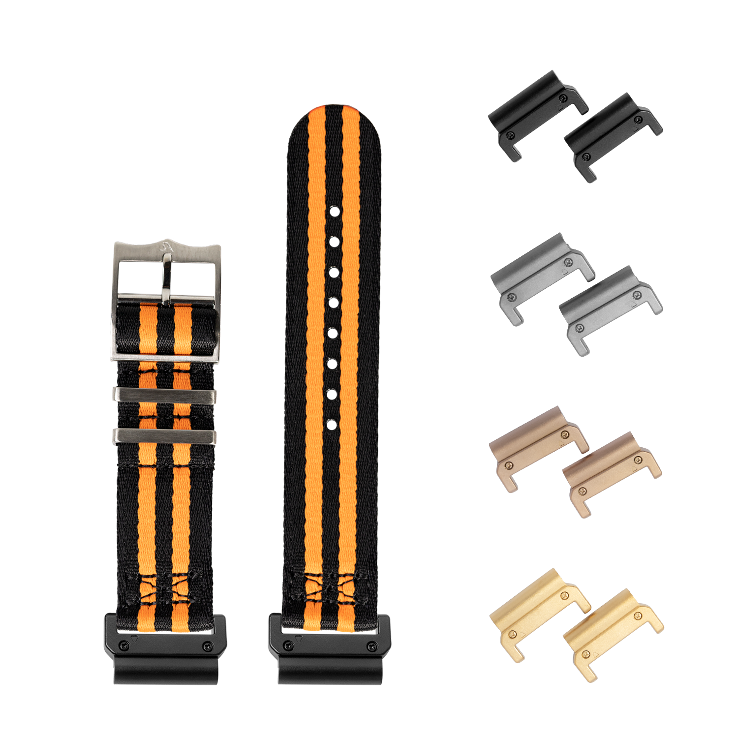 QuickFit Ultra Militex black and orange striped watch bands with interchangeable metal buckles in multiple finishes