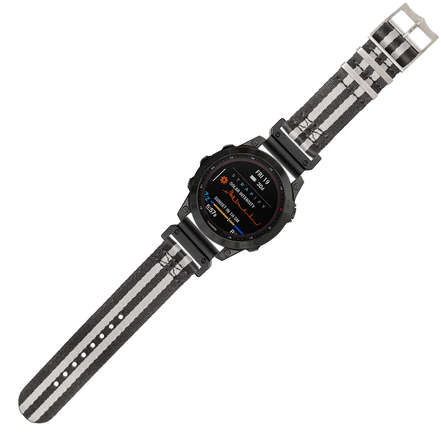 Black tactical smartwatch with AMOLED display and striped grey fabric quick-fit band military-style watch