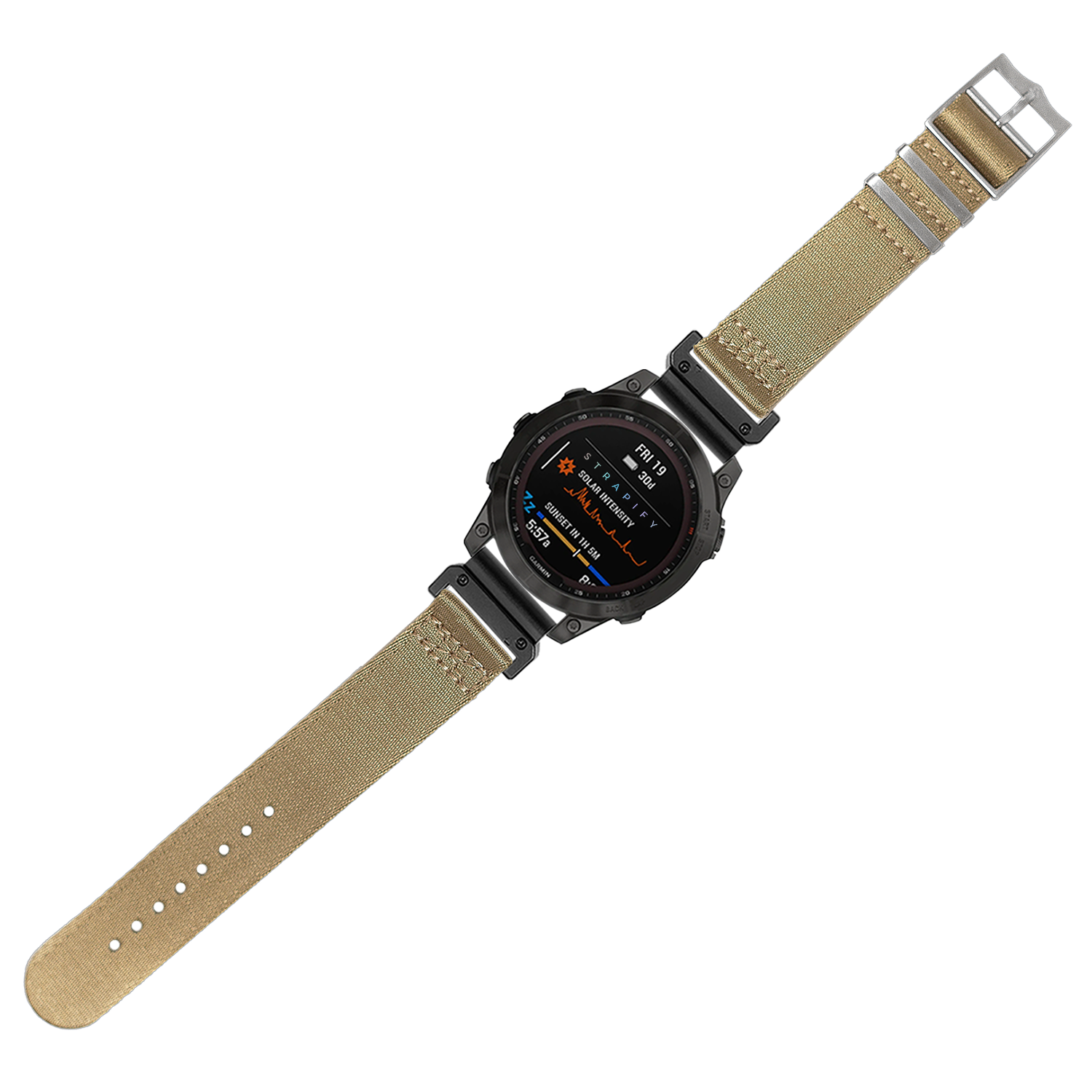 Black digital smartwatch with AMOLED display and desert sand fabric quick-fit band, military-style tactical watch