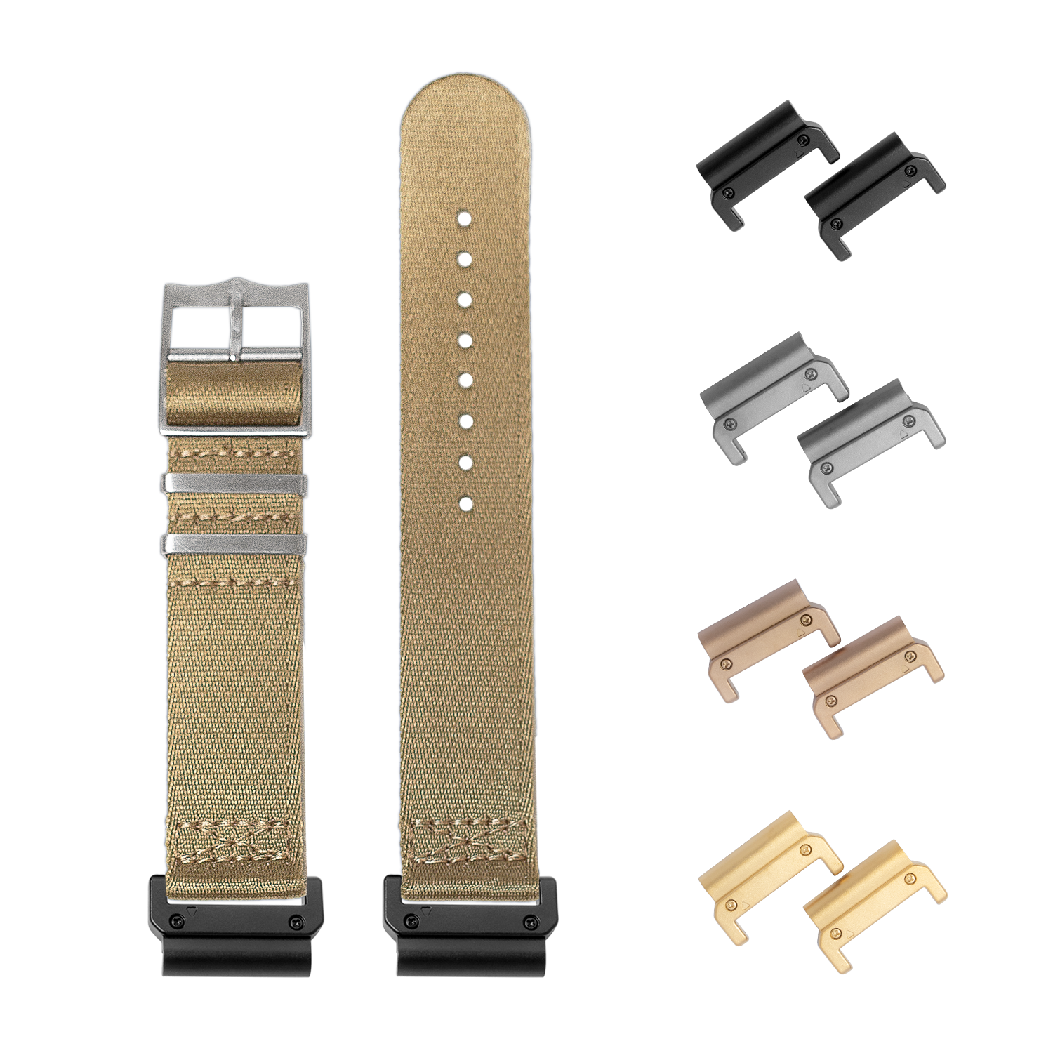 Beige fabric watch band QuickFit 22mm with interchangeable metal lugs in black, silver, rose gold, and champagne finishes
