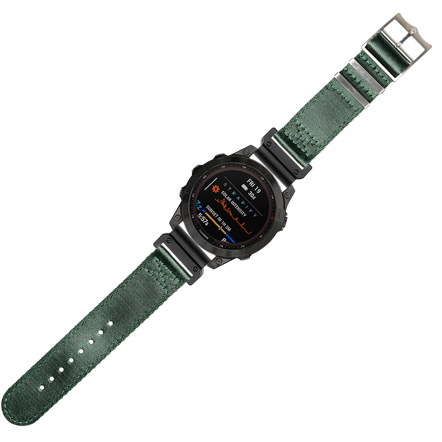 Black digital tactical watch with forest green nylon strap and metal buckle, displaying orange and blue data on AMOLED screen