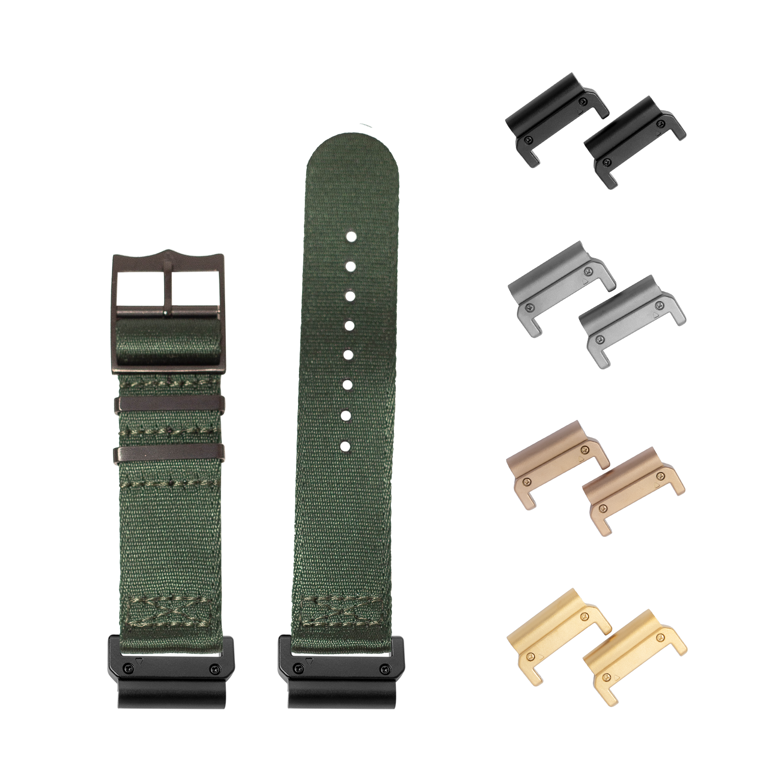 QuickFit Ultra Militex forest green fabric watch band 22mm with interchangeable black hardware lugs and multiple metal connector options