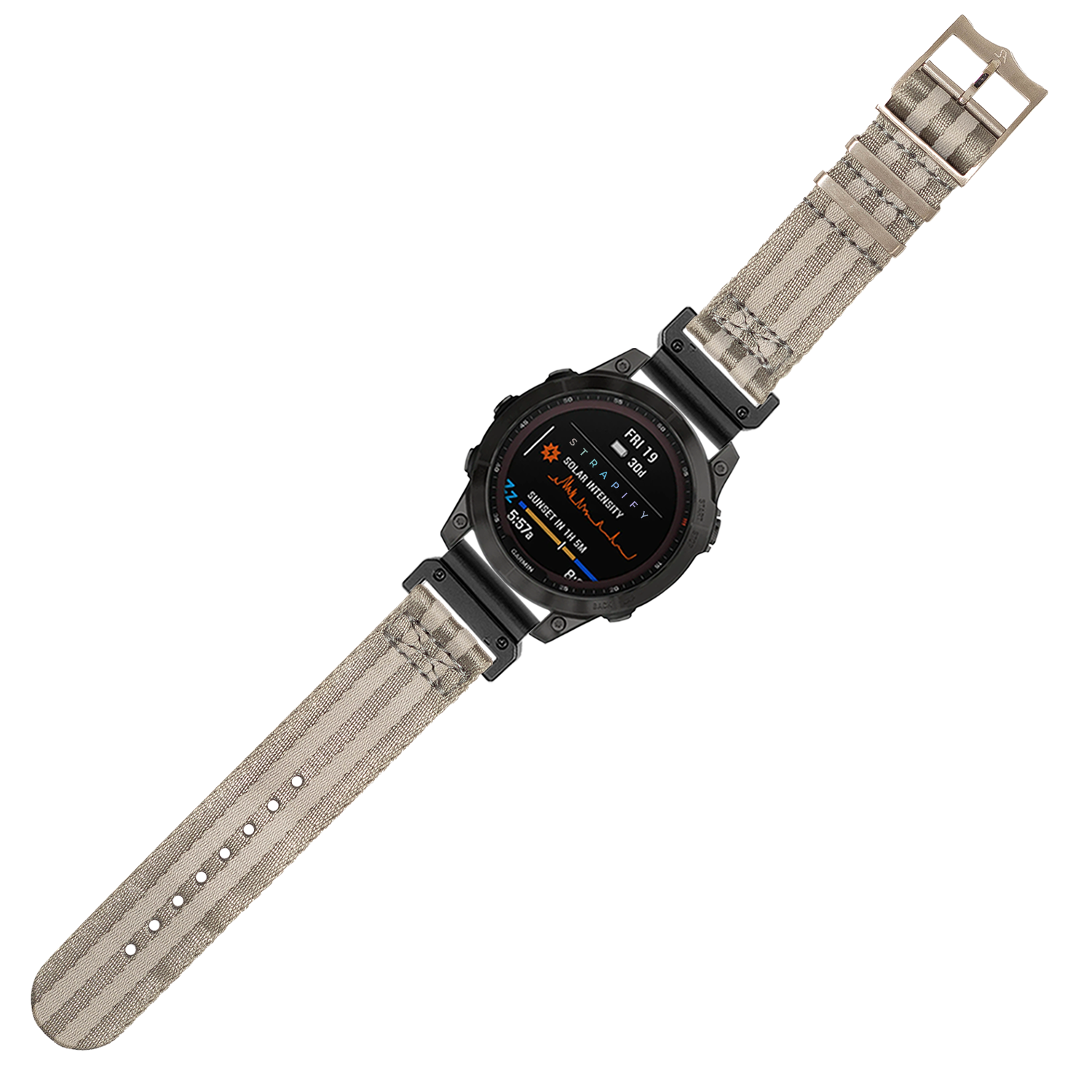 Military tactical smartwatch with black digital display and grey fabric QuickFit band showing fitness metrics