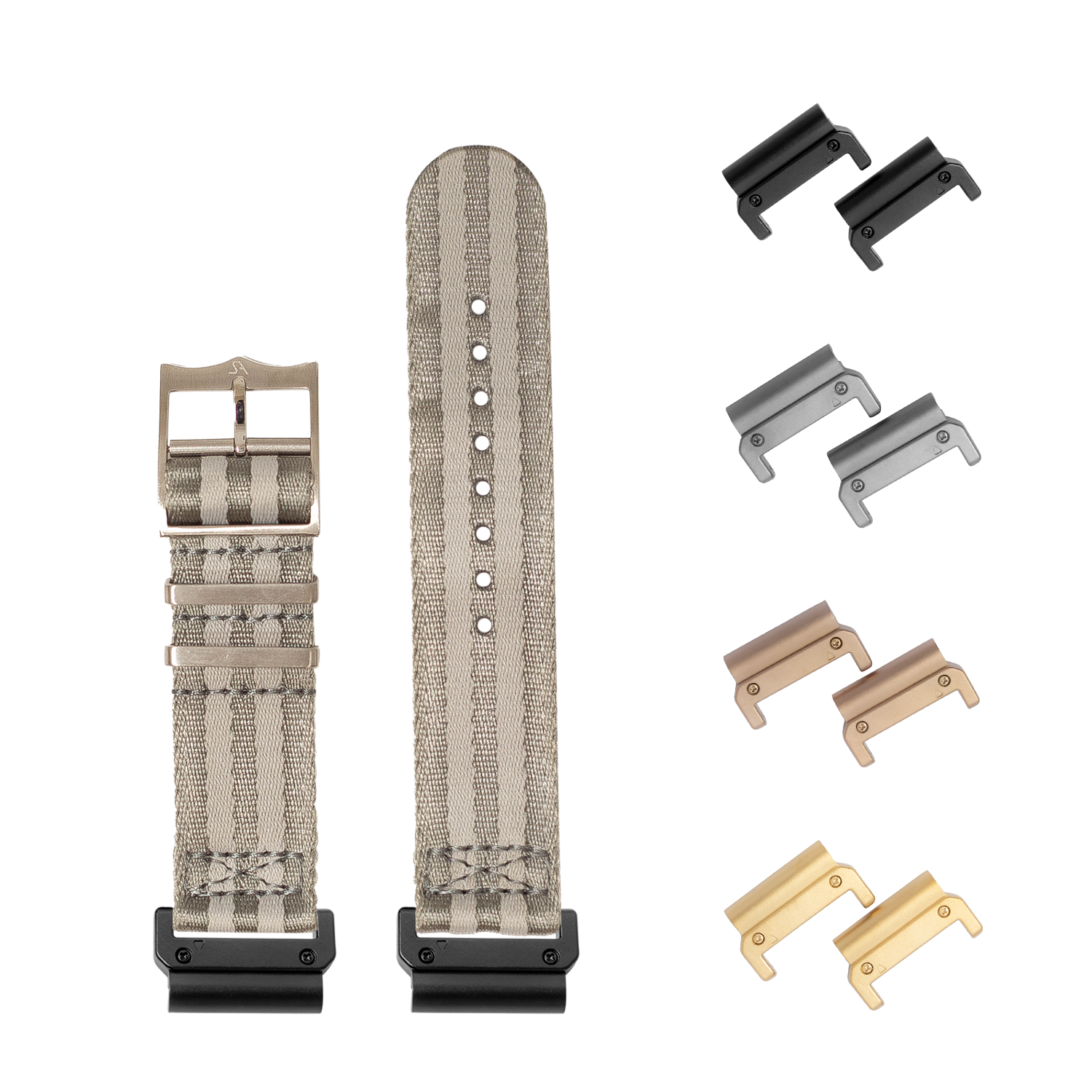QuickFit Ultra Militex grey 22mm watch strap with interchangeable lugs in black, silver, bronze and gold finishes