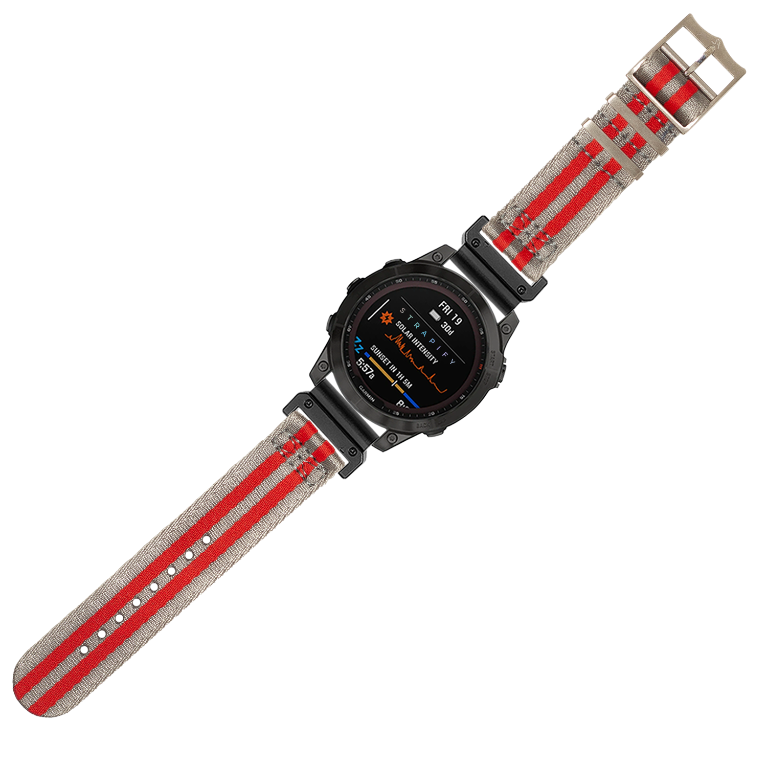 Black digital sports watch with grey and red striped fabric band and multicolored AMOLED display