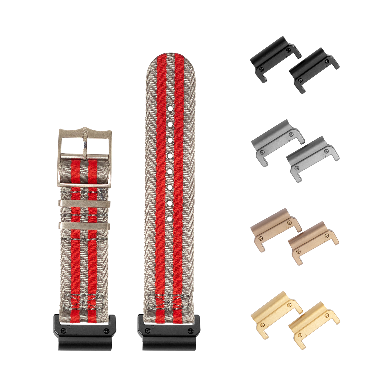 QuickFit Ultra Militex grey and red 22mm watch strap with metal hardware in multiple finish options including black, silver, bronze and gold