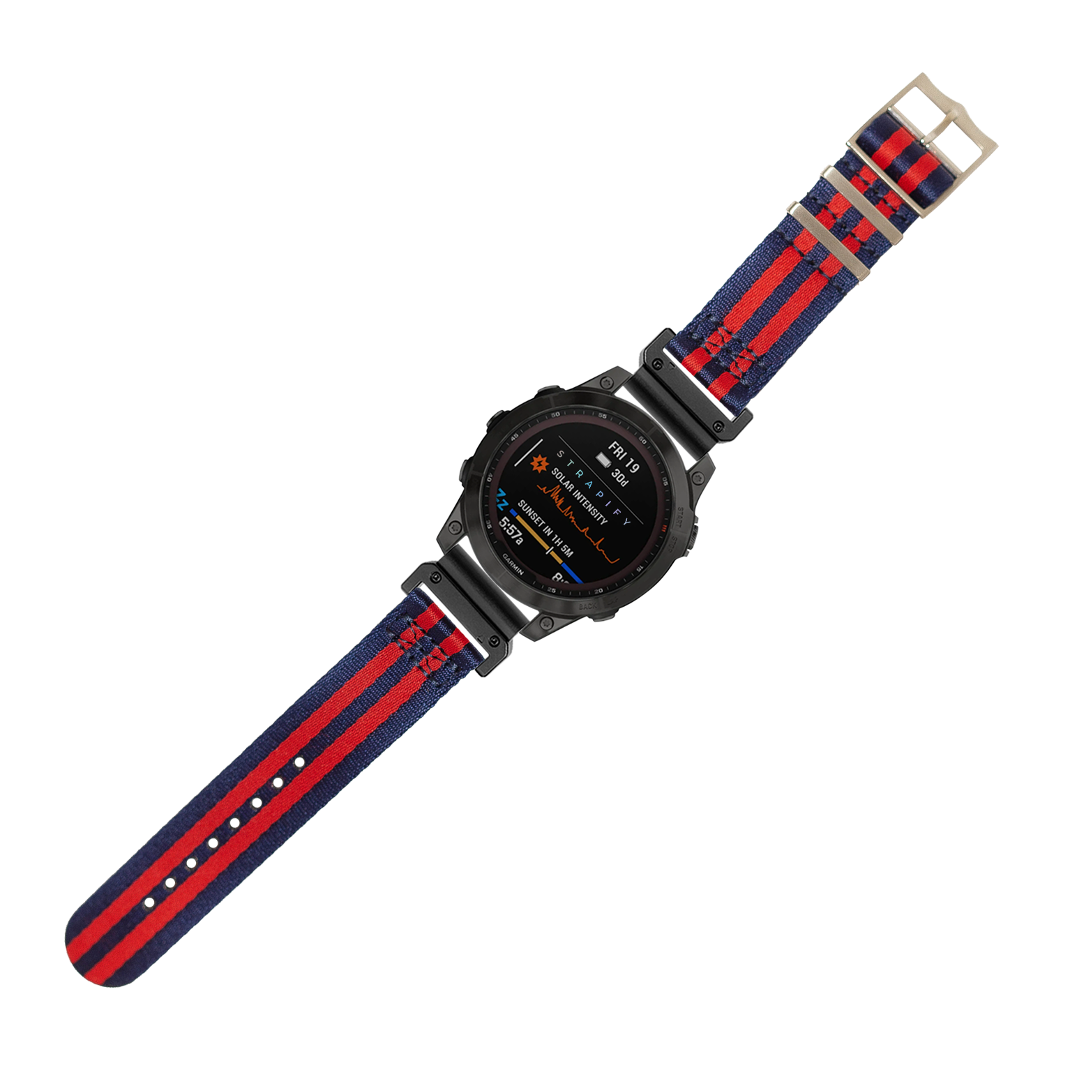 Black digital sports watch with navy blue and red striped nylon QuickFit band, featuring AMOLED display and tactical functionality