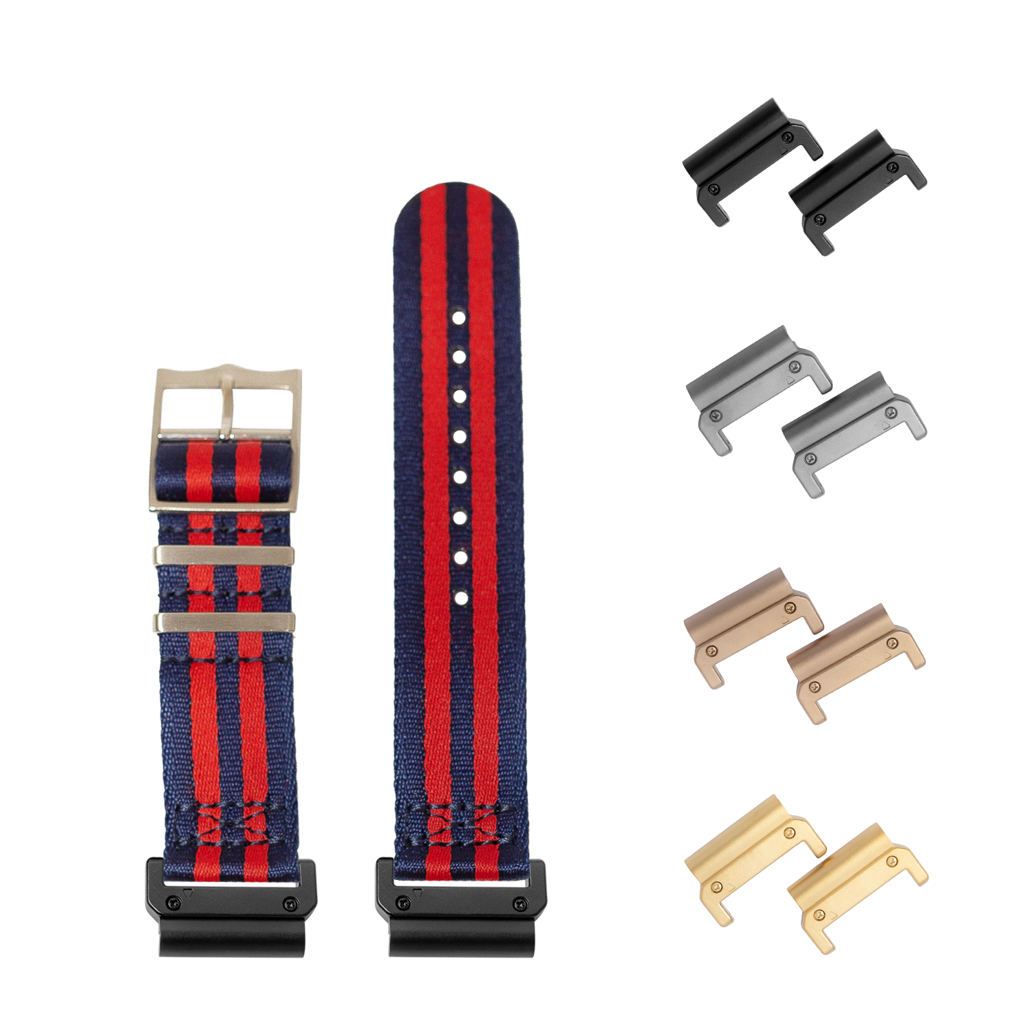 QuickFit Ultra Militex navy blue and red striped watch band 22mm with interchangeable metal hardware in black, silver, tan, and gold finishes