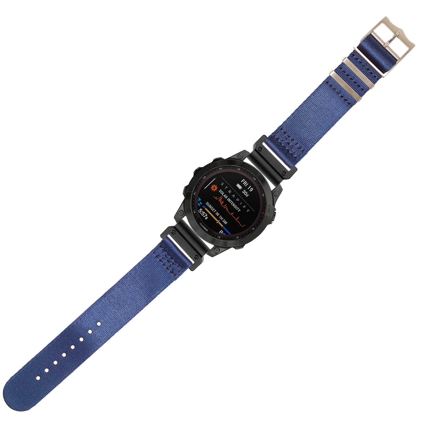 Black tactical smartwatch with navy blue fabric strap and AMOLED display showing metrics