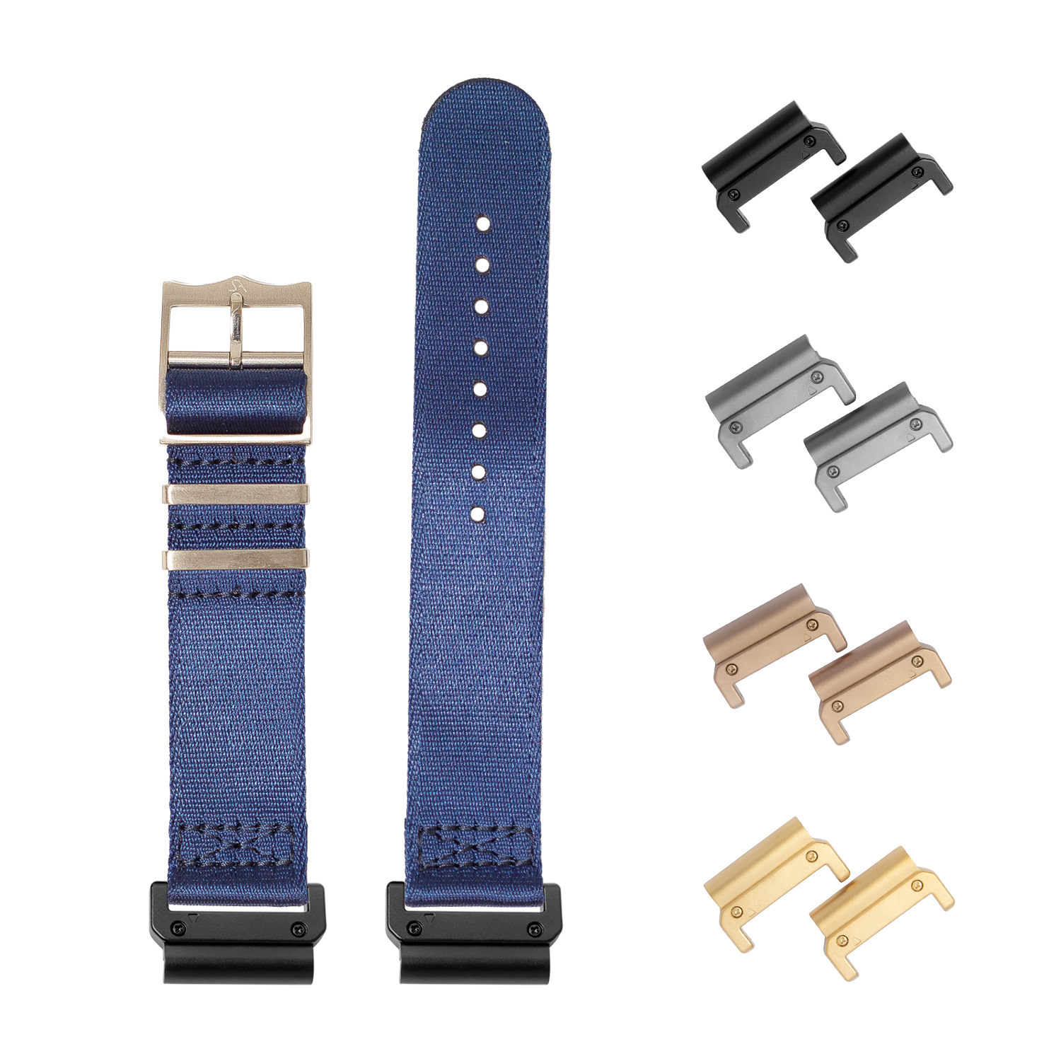 Quickfit Ultra Militex navy blue 22mm watch band with interchangeable metal lugs in black, silver, rose gold and gold finishes