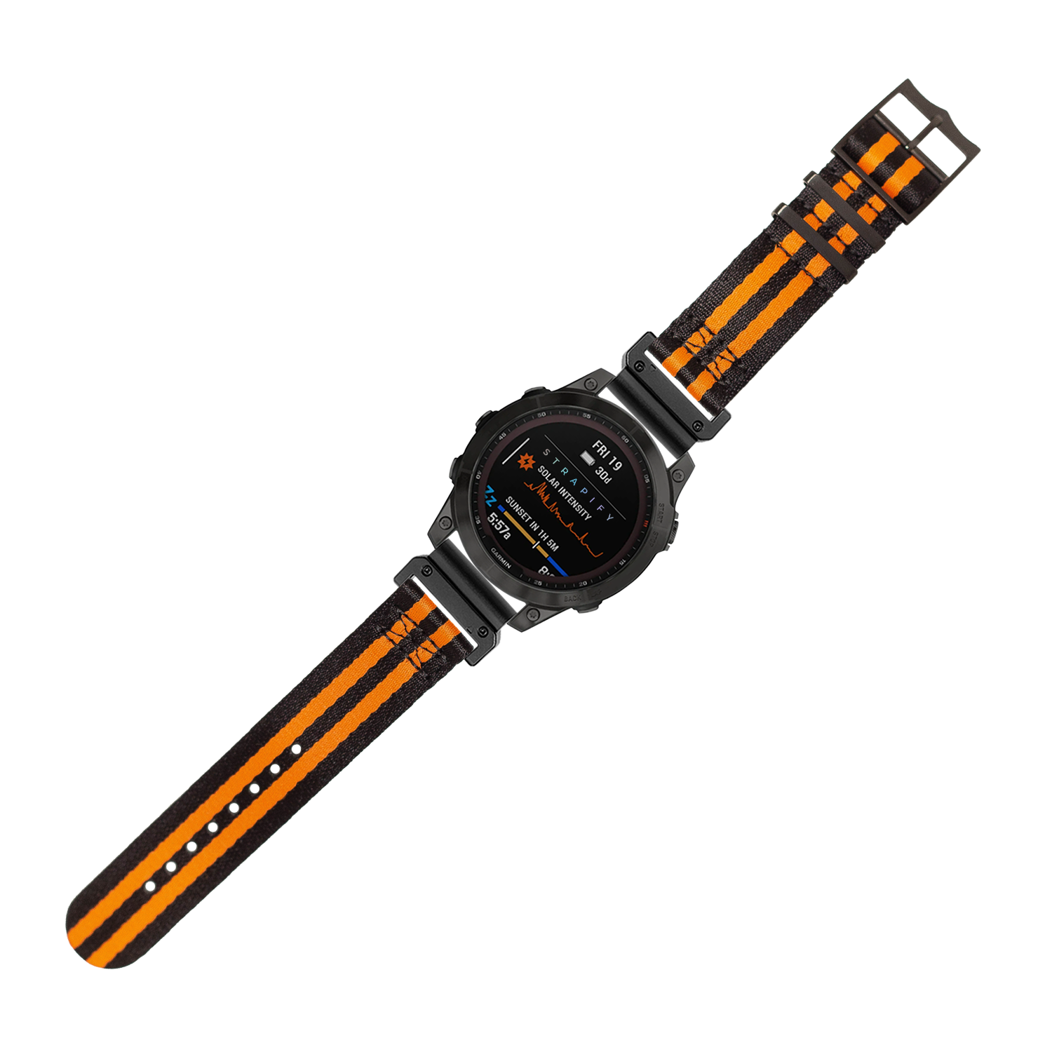 Black smartwatch with AMOLED display and orange striped fabric strap, military-style tactical watch with 22mm QuickFit band