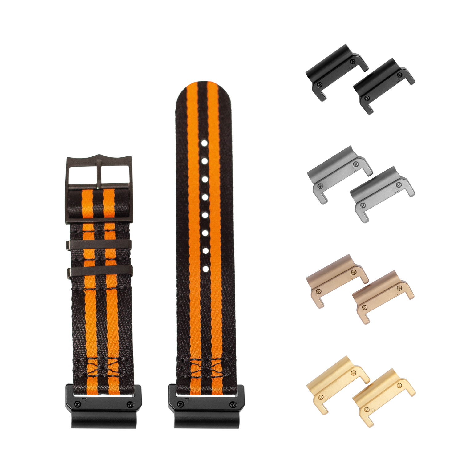 QuickFit Ultra Militex black and orange striped watch strap with interchangeable hardware in black, silver, bronze and gold finishes