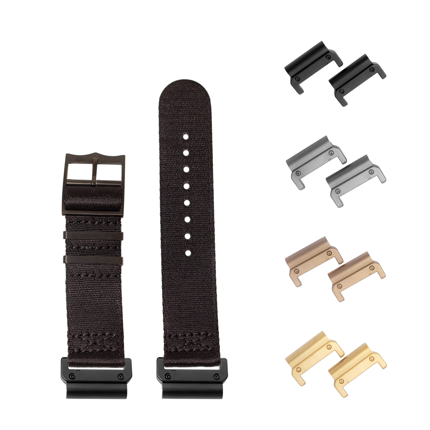 QuickFit Ultra Militex stealth black 22mm watch band with interchangeable black, silver, bronze and gold hardware connectors