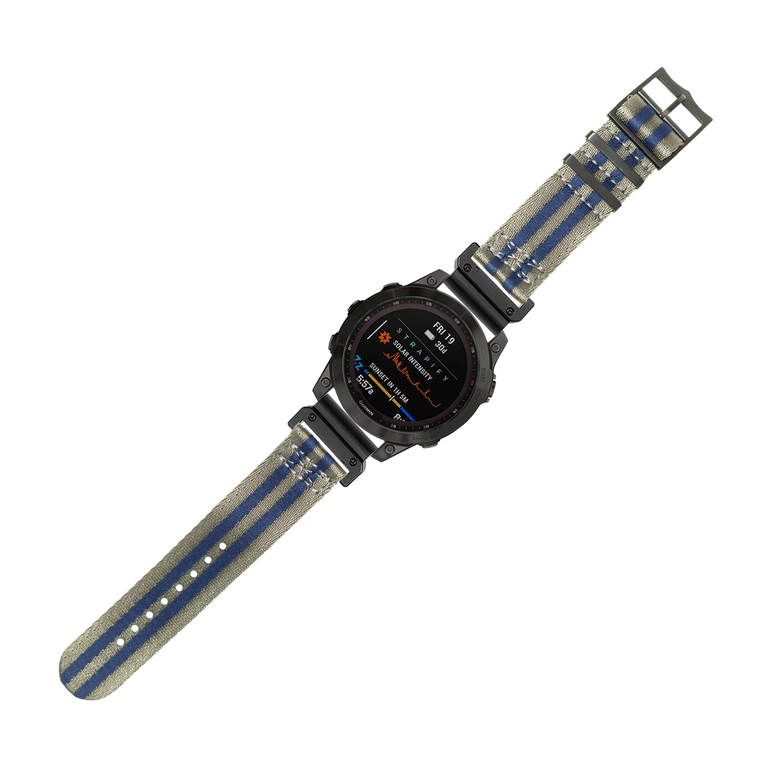 Black tactical smartwatch with AMOLED display and blue striped canvas QuickFit strap, military-grade steel construction