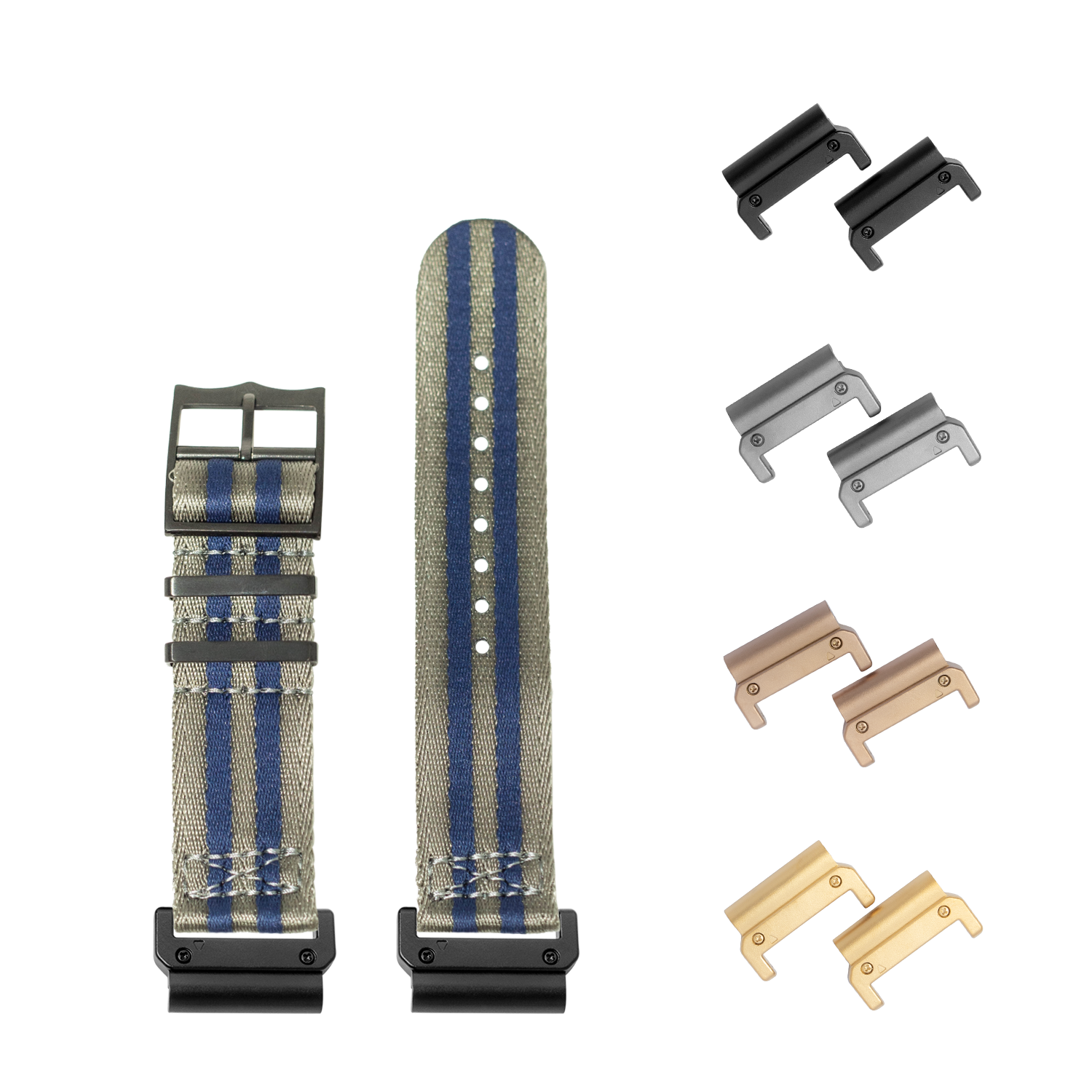Tactical fabric watch straps with blue and tan striped pattern, quick-fit hardware, and interchangeable metal buckles in black, gunmetal, bronze, and gold finishes