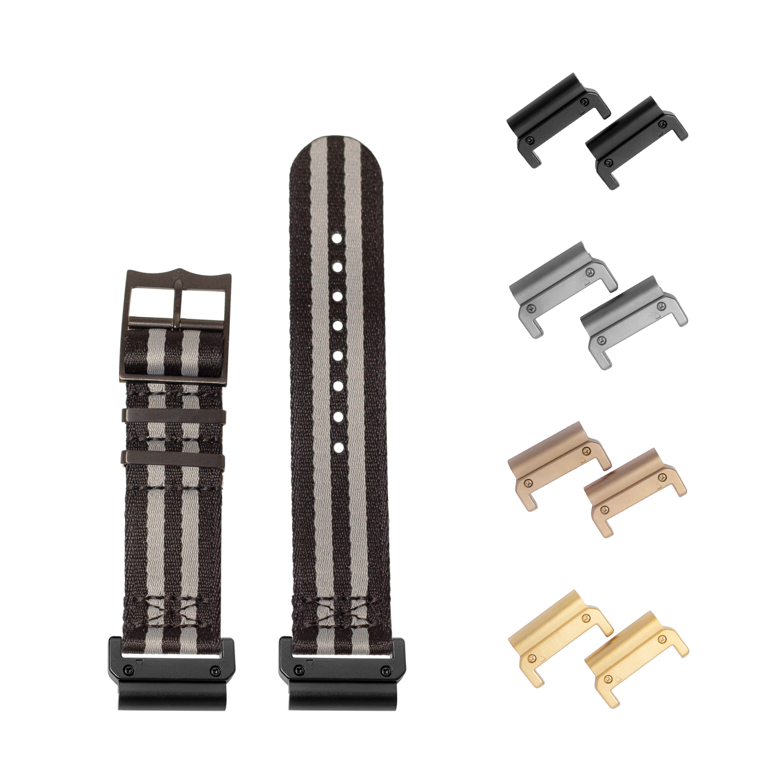 Military-style black and grey striped fabric watch bands with interchangeable metal hardware in multiple finishes including black, silver, bronze and gold