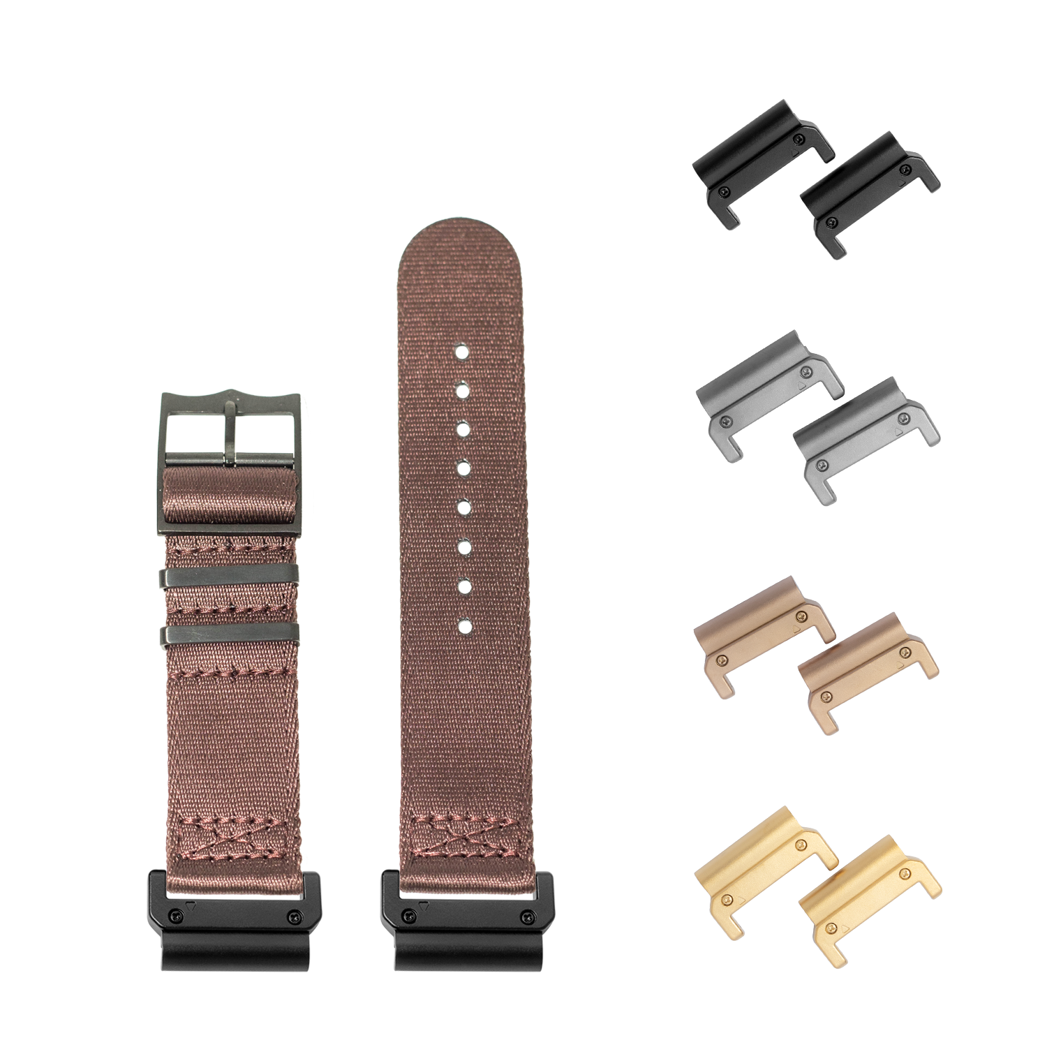 QuickFit Ultra Militex stealth brown fabric watch bands with interchangeable black, silver, bronze and gold hardware connectors