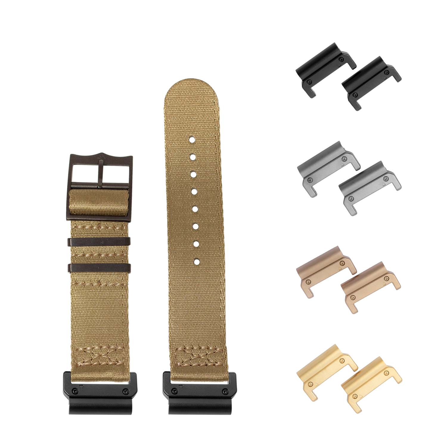 QuickFit Ultra Militex tan fabric watch band with interchangeable black, gray, bronze and gold hardware lugs for 22mm watches