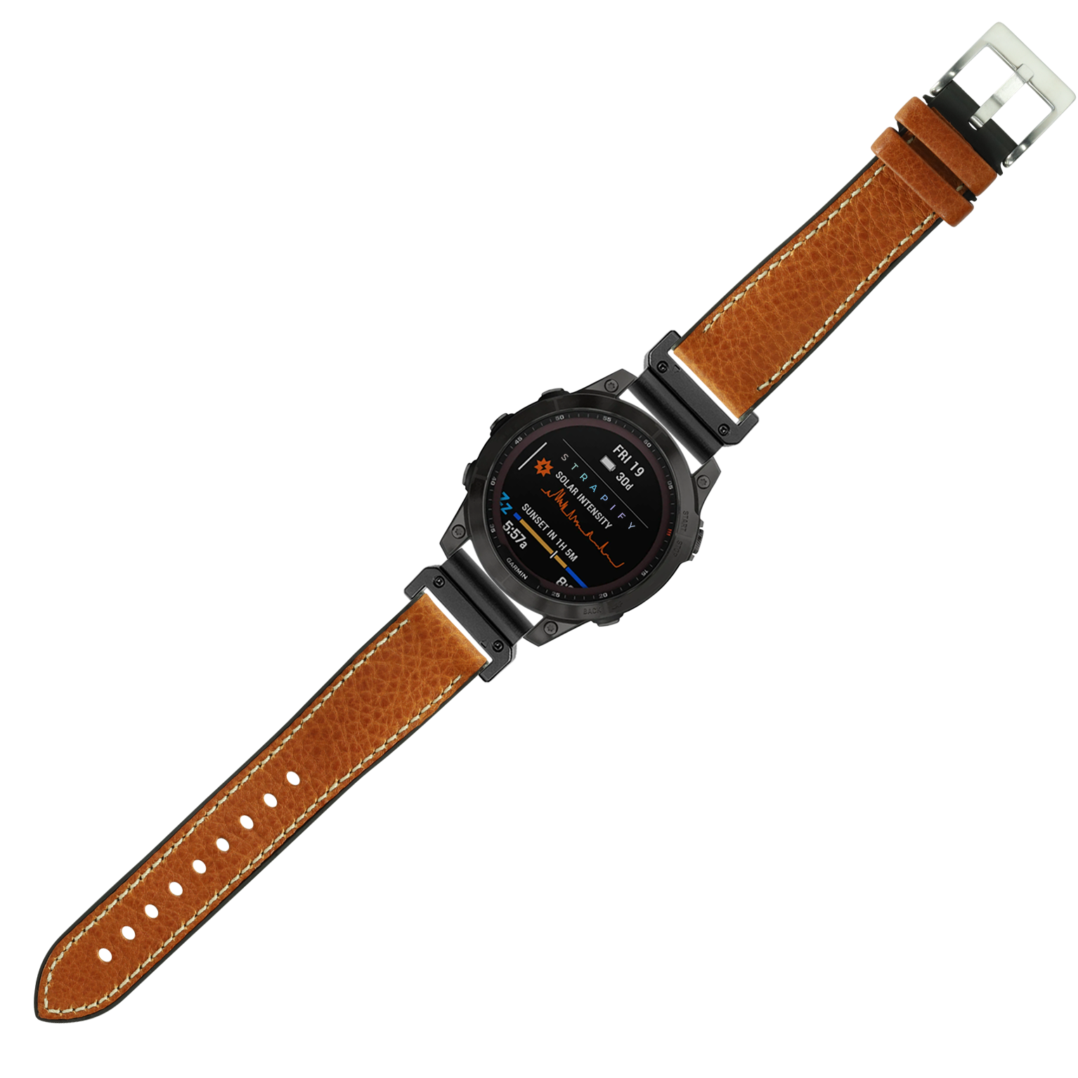 Black digital smartwatch with cognac leather and rubber hybrid strap, AMOLED display, fitness tracking features