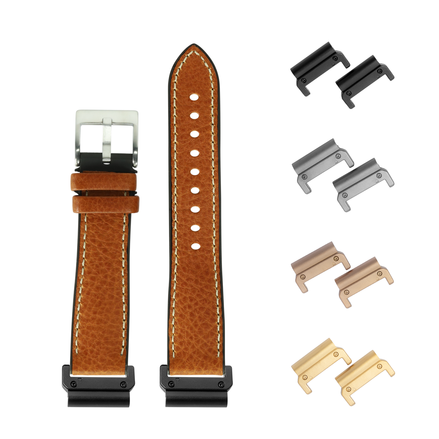 Tan Italian leather smartwatch band with quick-release adapters in black, gunmetal, bronze and gold finishes