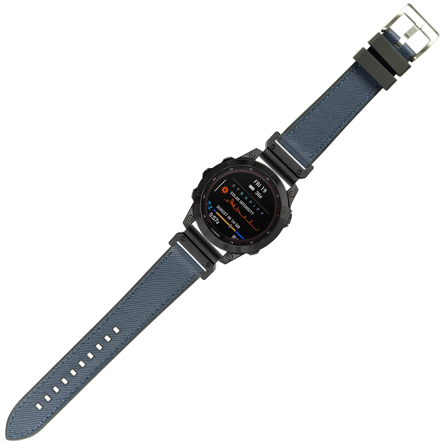 Black digital smartwatch with blue Saffiano leather and rubber hybrid 22mm QuickFit strap band
