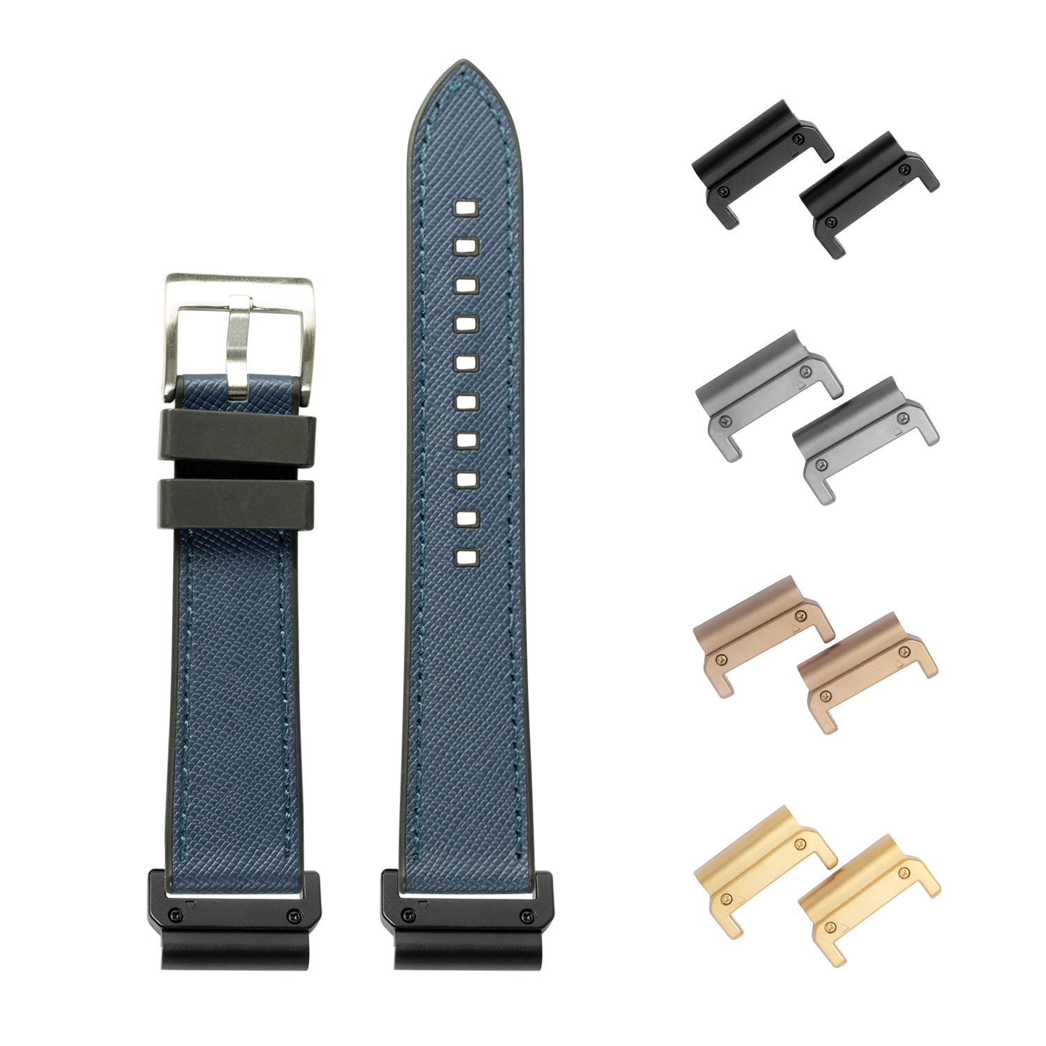 Blue saffiano leather and rubber hybrid watch band 22mm with interchangeable metal lugs in black, silver, bronze and gold finishes