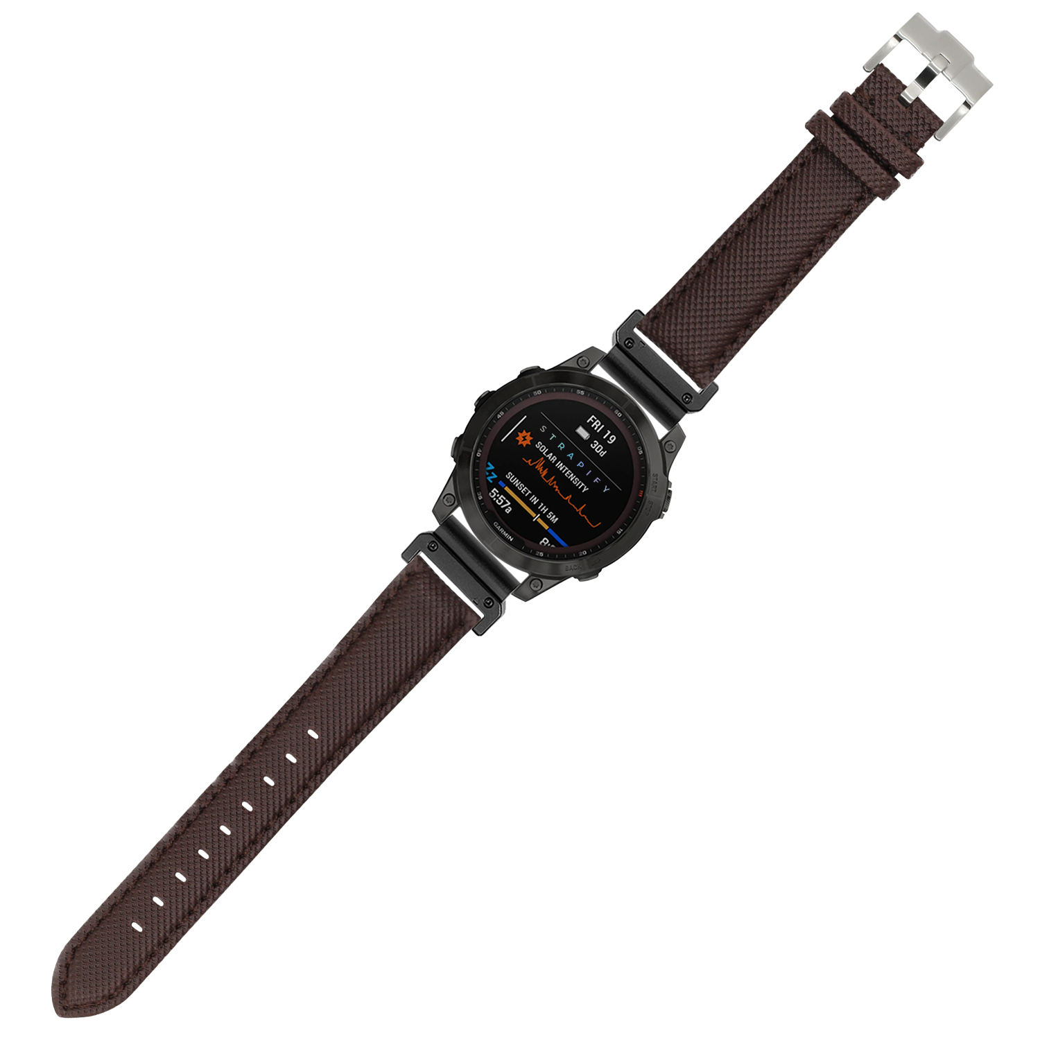 Tactical smartwatch with digital display, coffee brown sailcloth QuickFit 26mm strap and stainless steel hardware